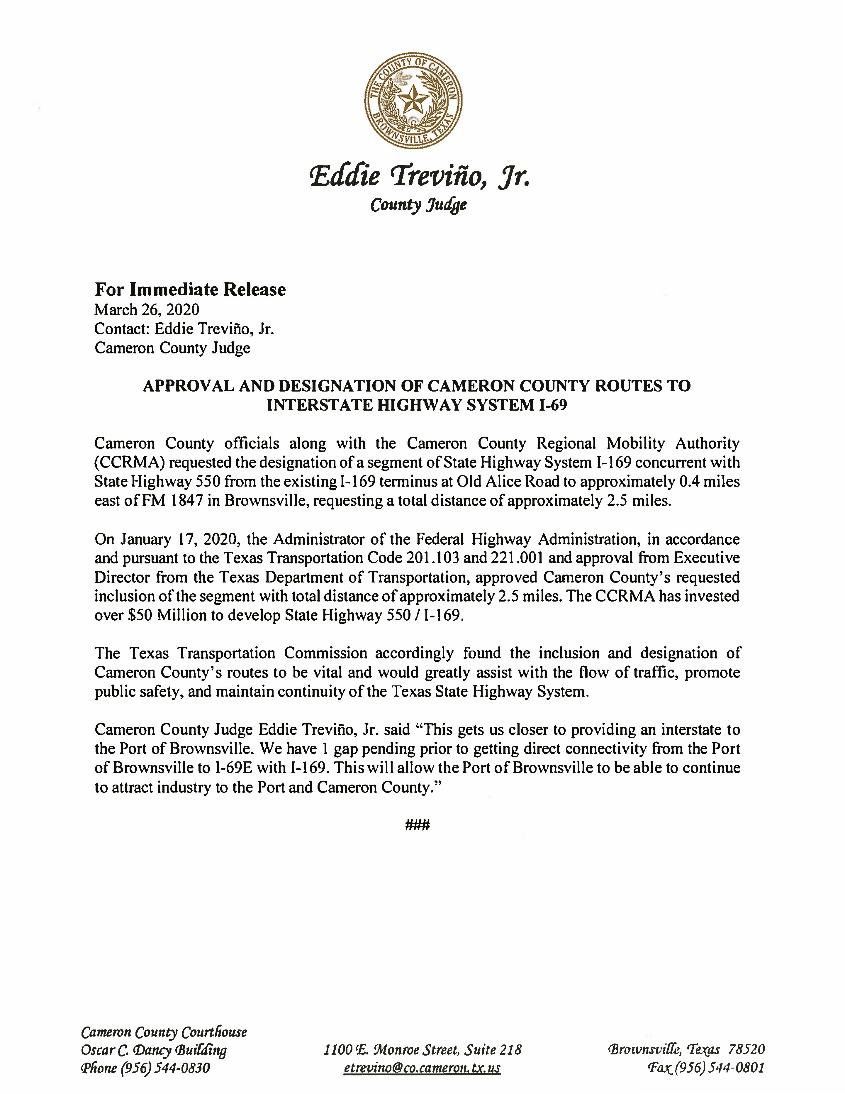 03 26 2020 For Immediate Release Approval And Designation Of Cameron County Routes To Interstate Highway System I 69 2 Page 1