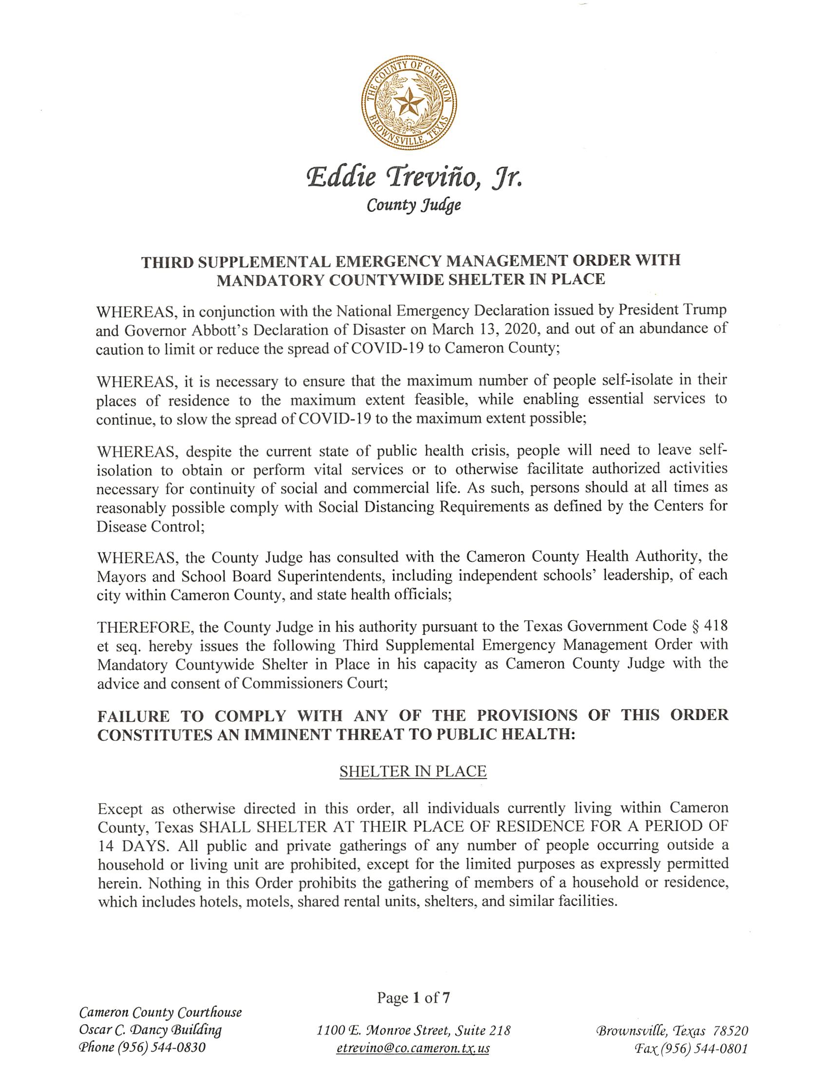 03.23.2020 Third Supplemental Emergency Management Order With Countywide Shelter In Place Page 1