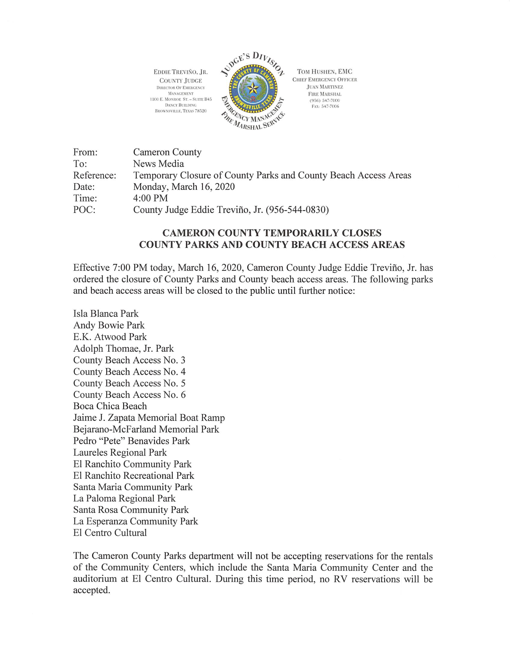 2020 03 16 Press Release County Temporarily Closes County Parks And County Beach Access Areas Page 1