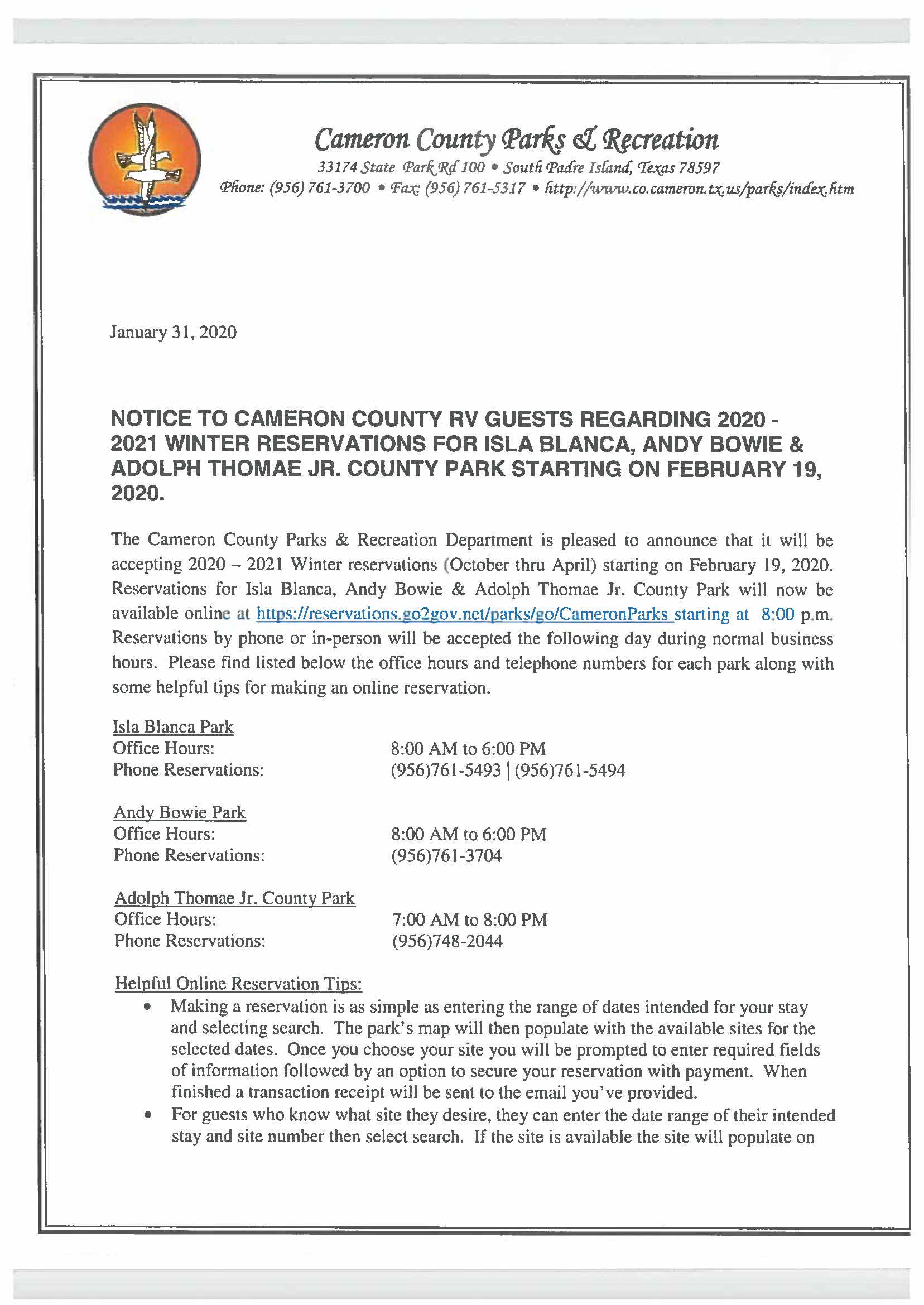 Notice To Cameron County Winter RV GUESTS Regarding Resevervations 2020 2021 1 31 20 Page 1