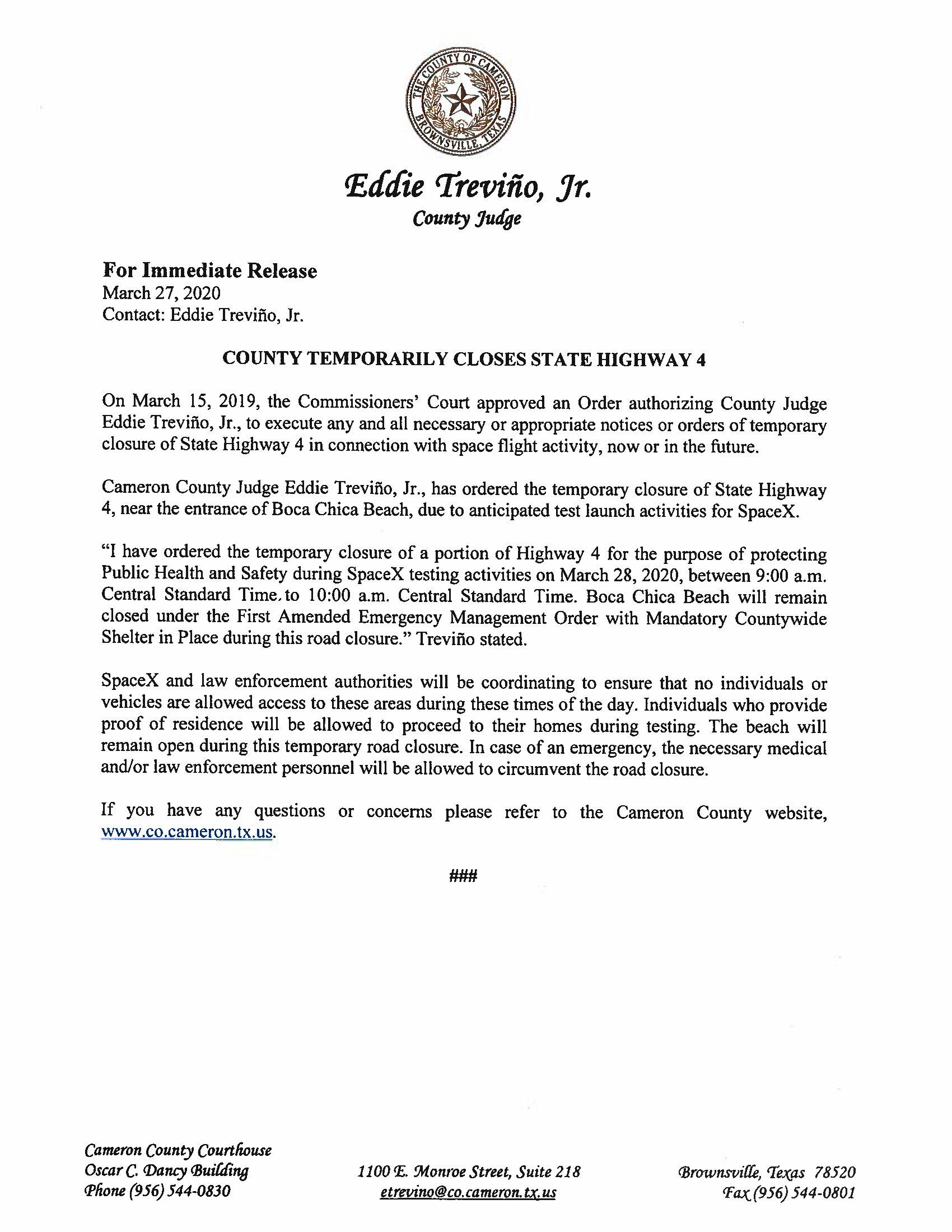 Press Release English Spanish For 03.28.2020.State Hwy 4 Closure Only Page 1