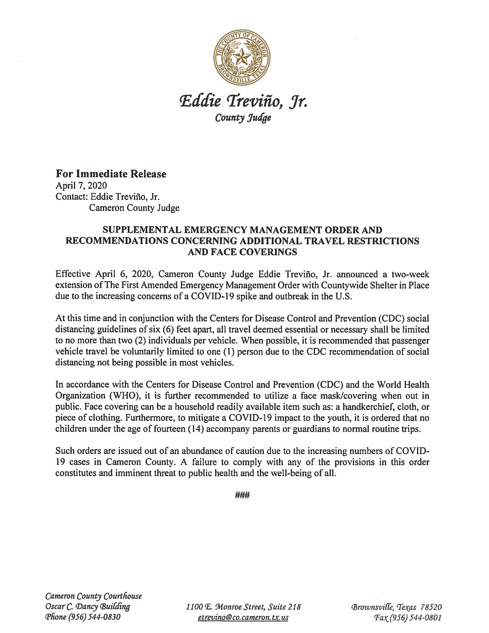 04.07.2020 For Immediate Release Supplemental Emgergency Management Order And Reccomendations Concerning Additional Travel Restrictions And Face Covering