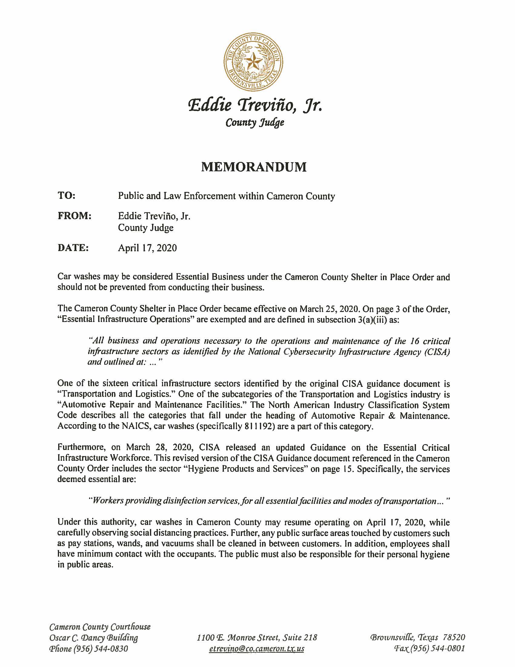 04.17.2020 Memoradum To Public And Law Enforcement Within Cameron County