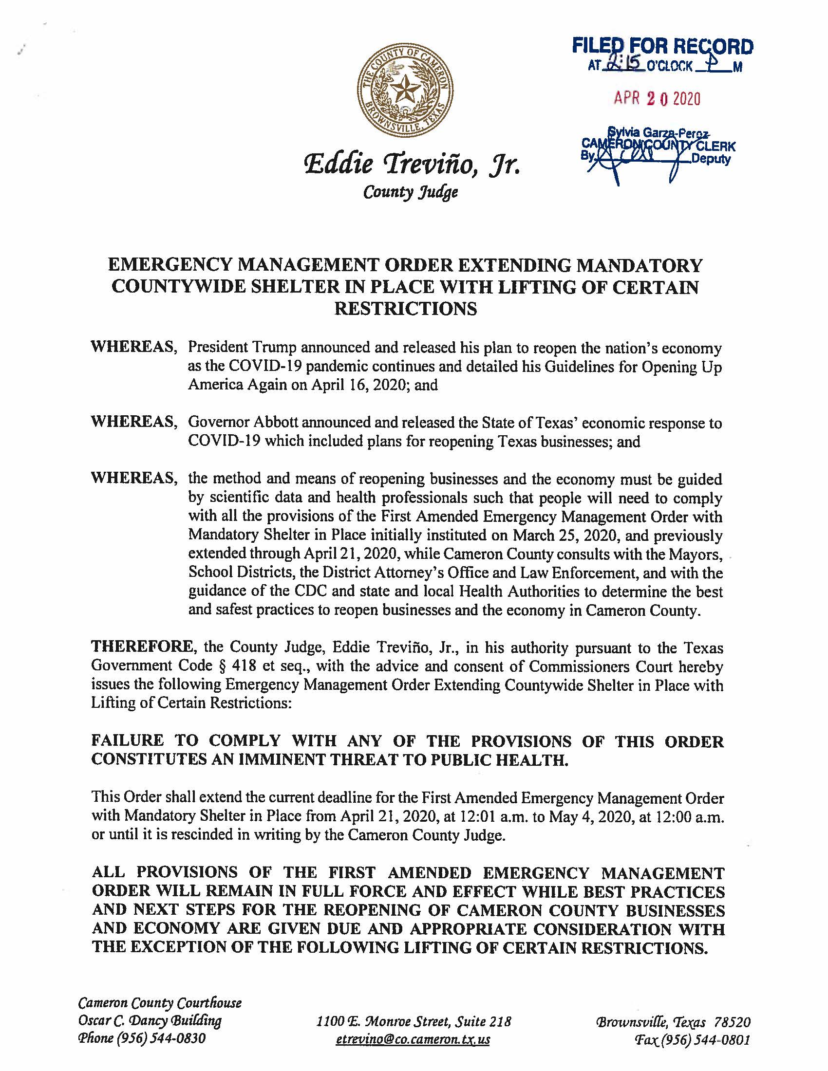 04.20.2020 Order EM Order Extending Countywide Shelter In Place With Lifting Of Certain Restrictions Page 1