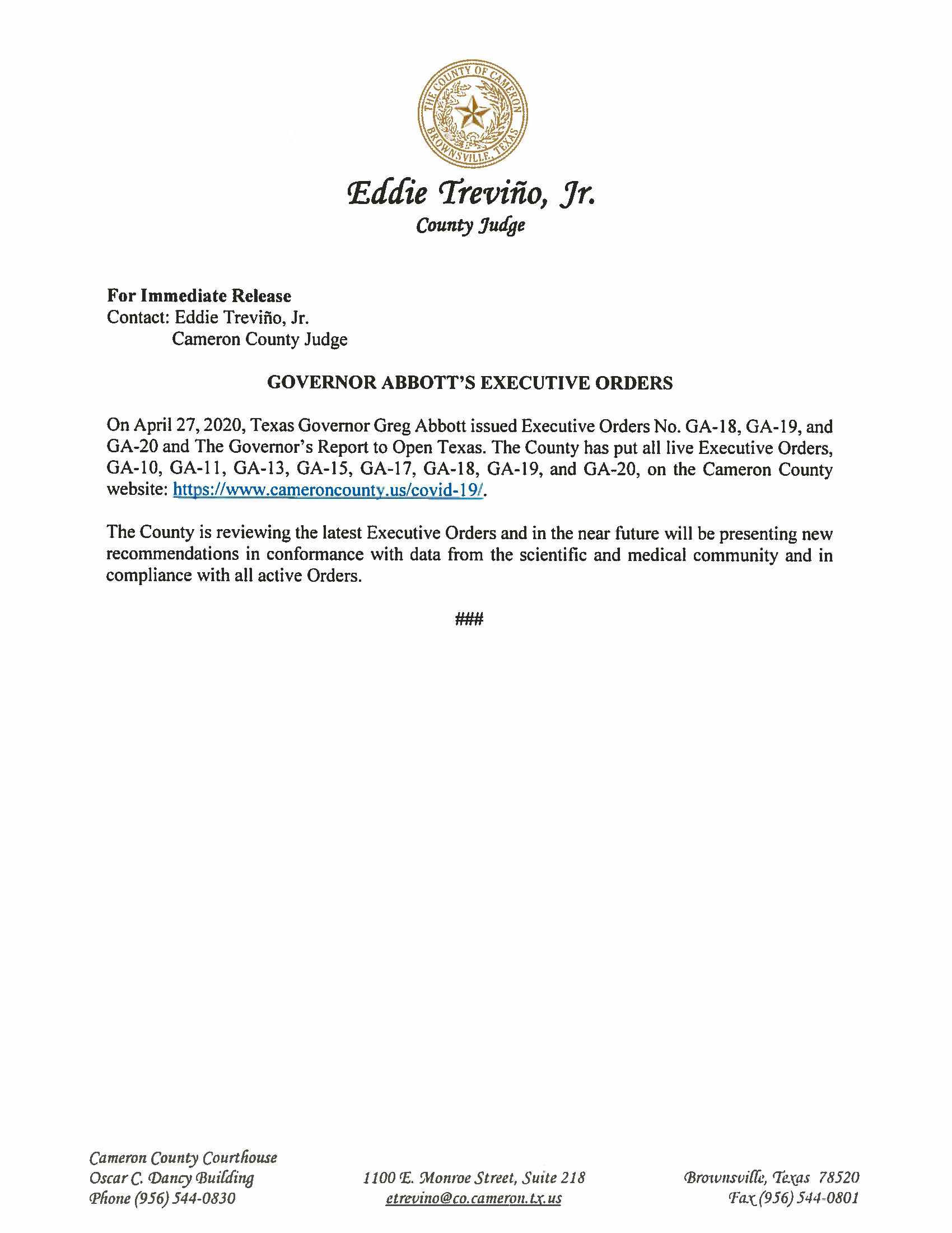 04.28.2020 For Immediate Release Governor Abbotts Executive Orders
