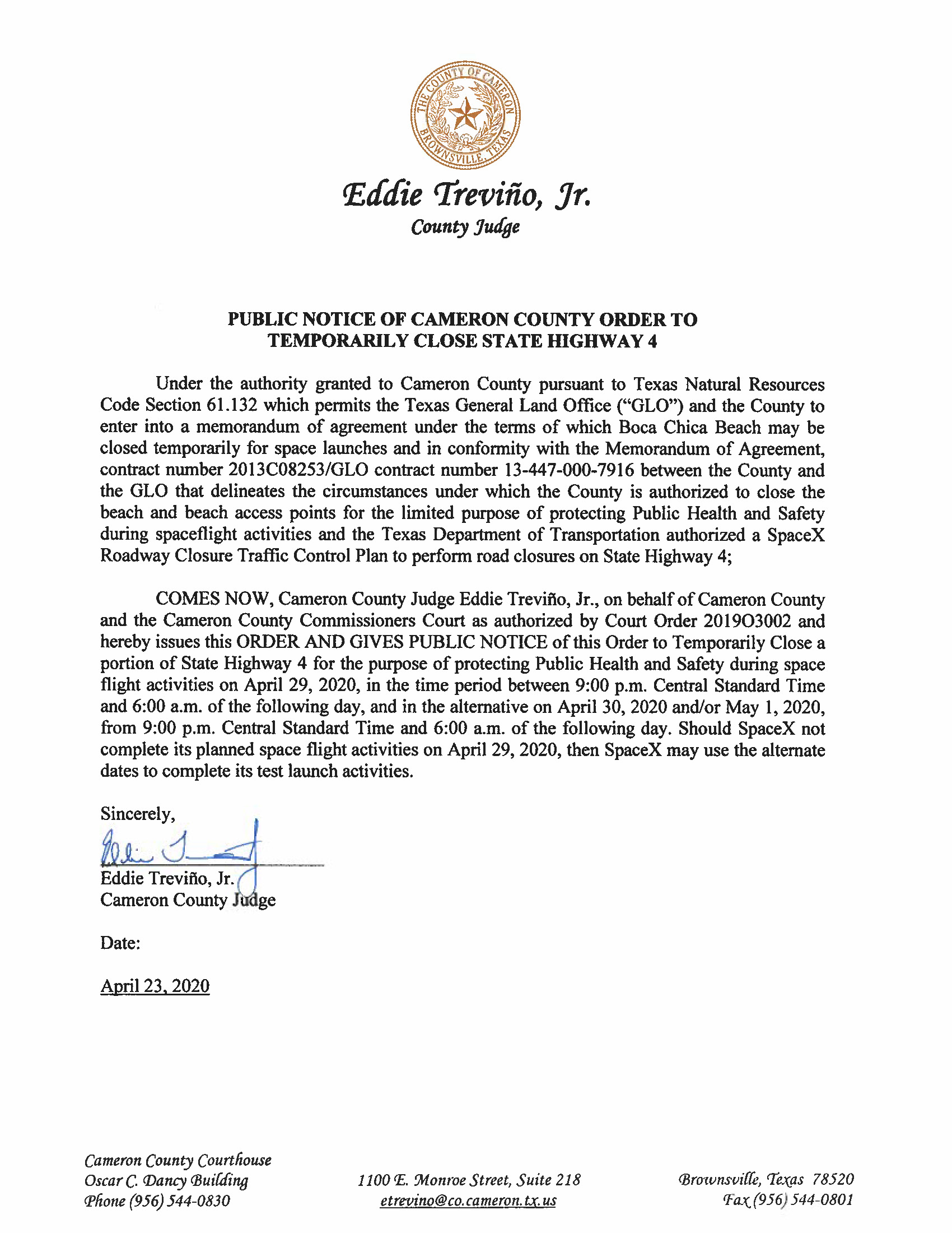 PUBLIC NOTICE OF CAMERON COUNTY ORDER TO TEMP. BEACH CLOSURE AND HWY. 04.29.20 Page 1
