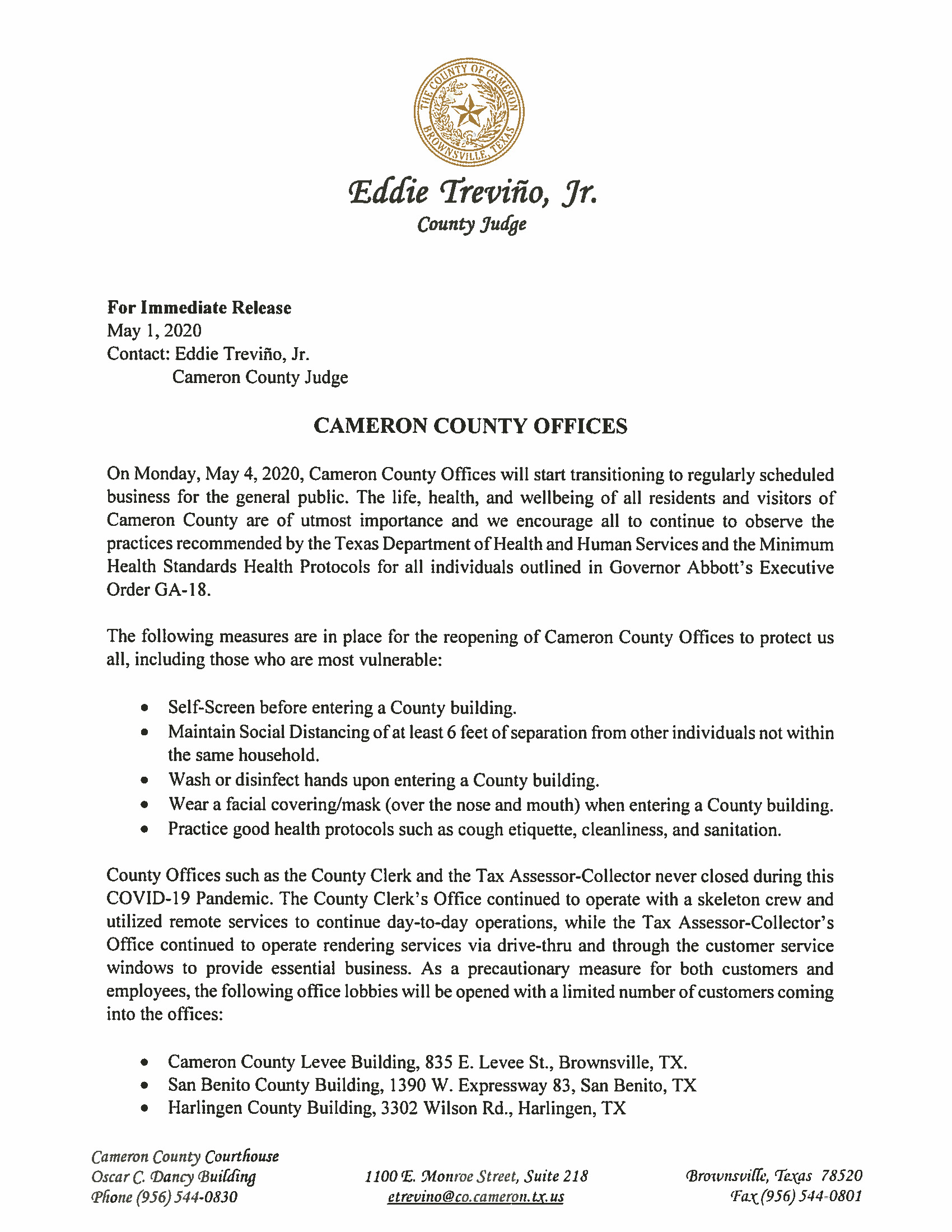 05 01 2020 Cameron County Offices PR Page 1