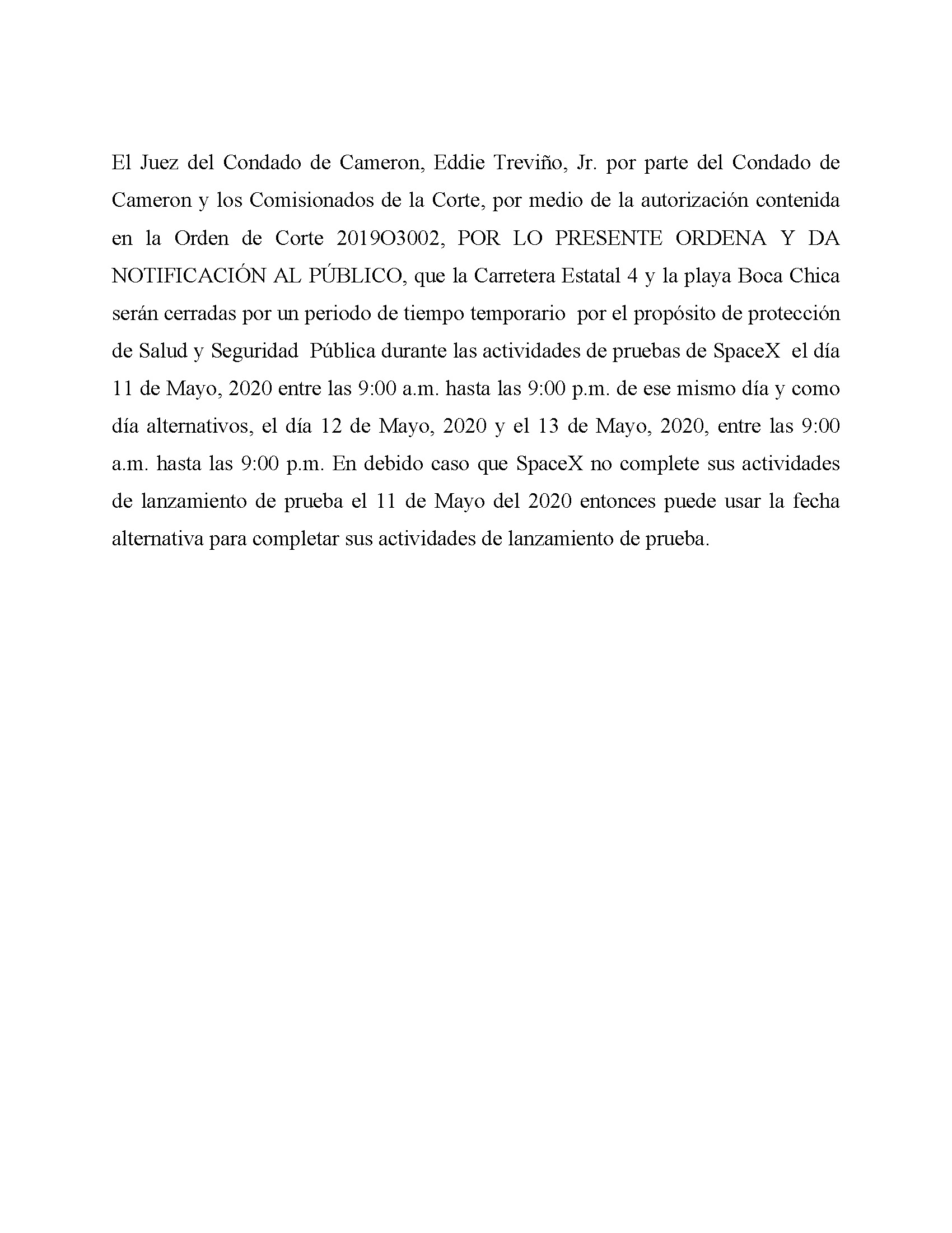 ORDER.CLOSURE OF HIGHWAY 4 Y LA PLAYA BOCA CHICA.SPANISH.05.11.20