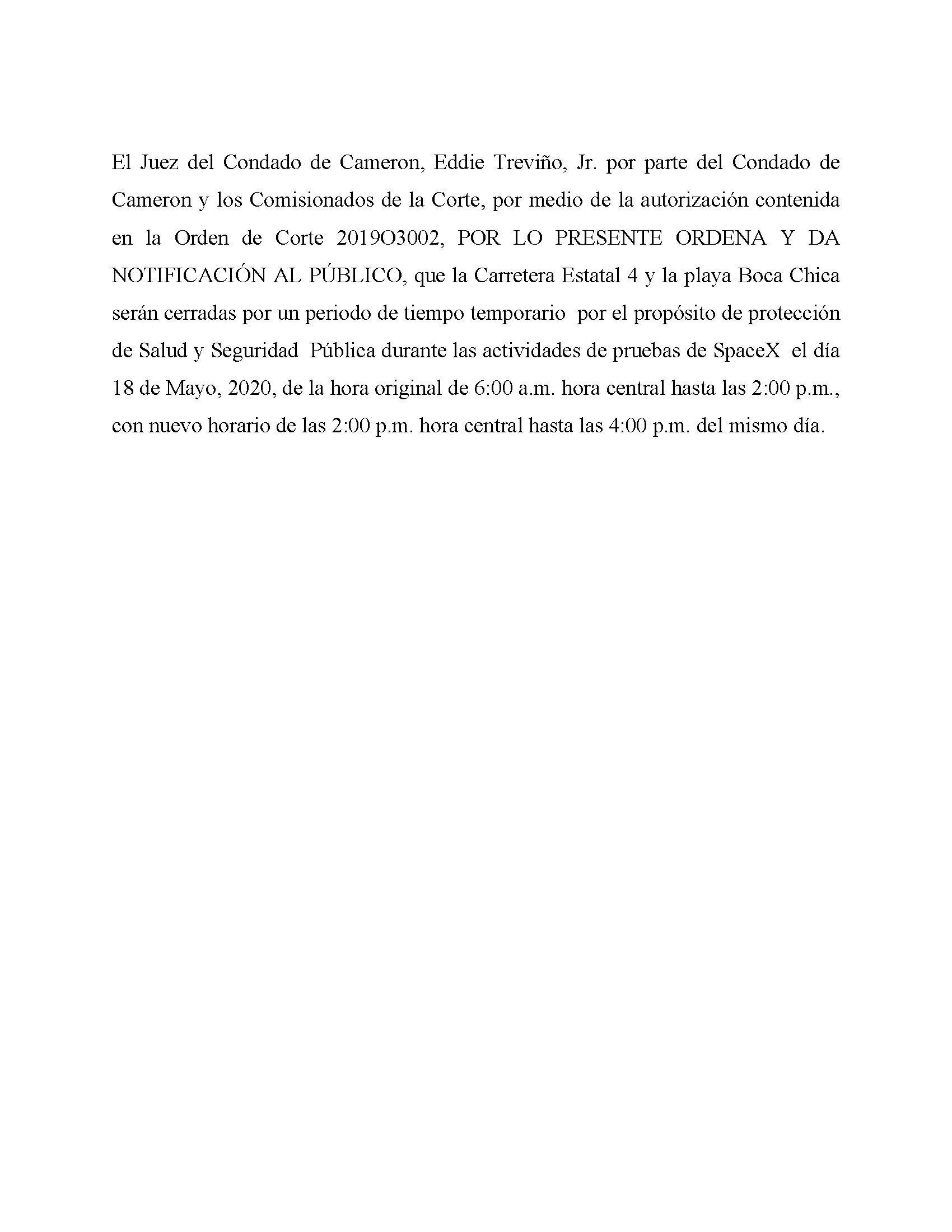 ORDER.CLOSURE OF HIGHWAY 4 Y LA PLAYA BOCA CHICA.SPANISH.05.18.20