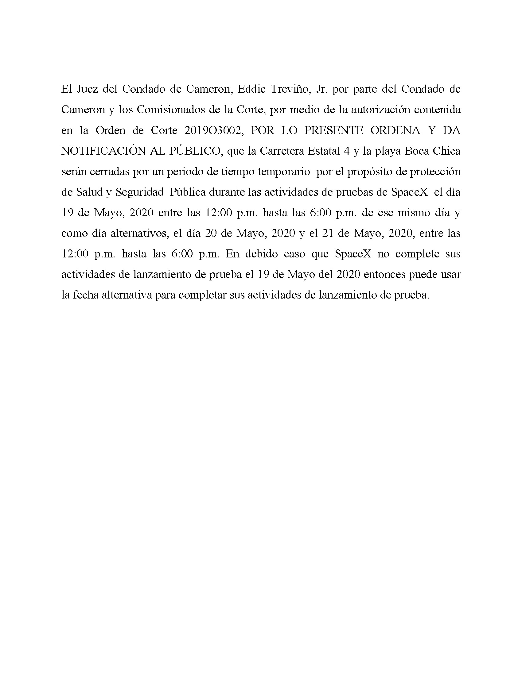 ORDER.CLOSURE OF HIGHWAY 4 Y LA PLAYA BOCA CHICA.SPANISH.05.19.20