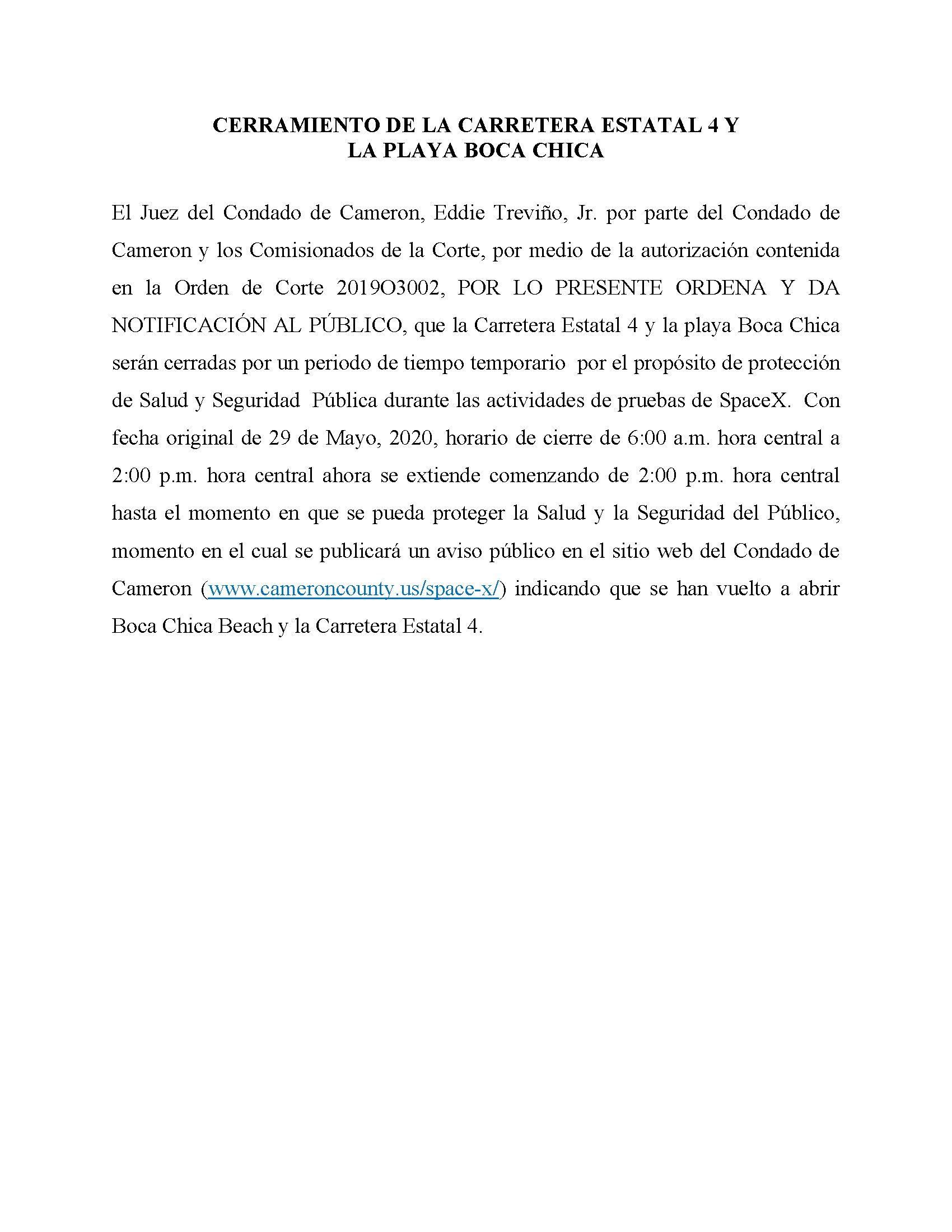 ORDER.CLOSURE OF HIGHWAY 4 Y LA PLAYA BOCA CHICA.SPANISH.05.29.20