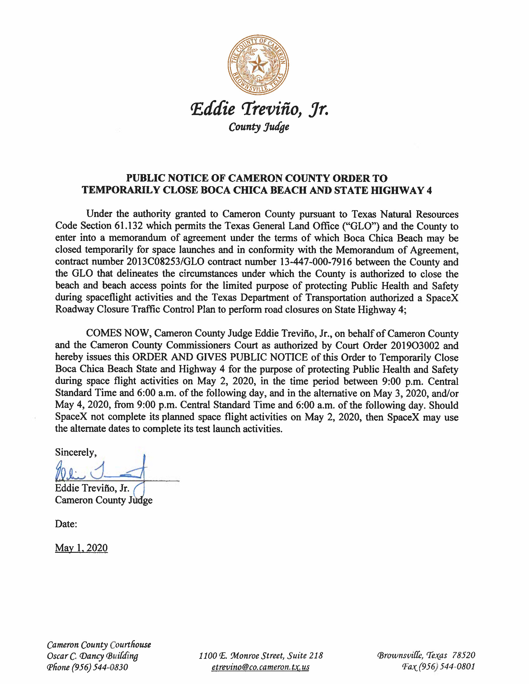 PUBLIC NOTICE OF CAMERON COUNTY ORDER TO TEMP. BEACH CLOSURE AND HWY. 05.02.20 Page 1