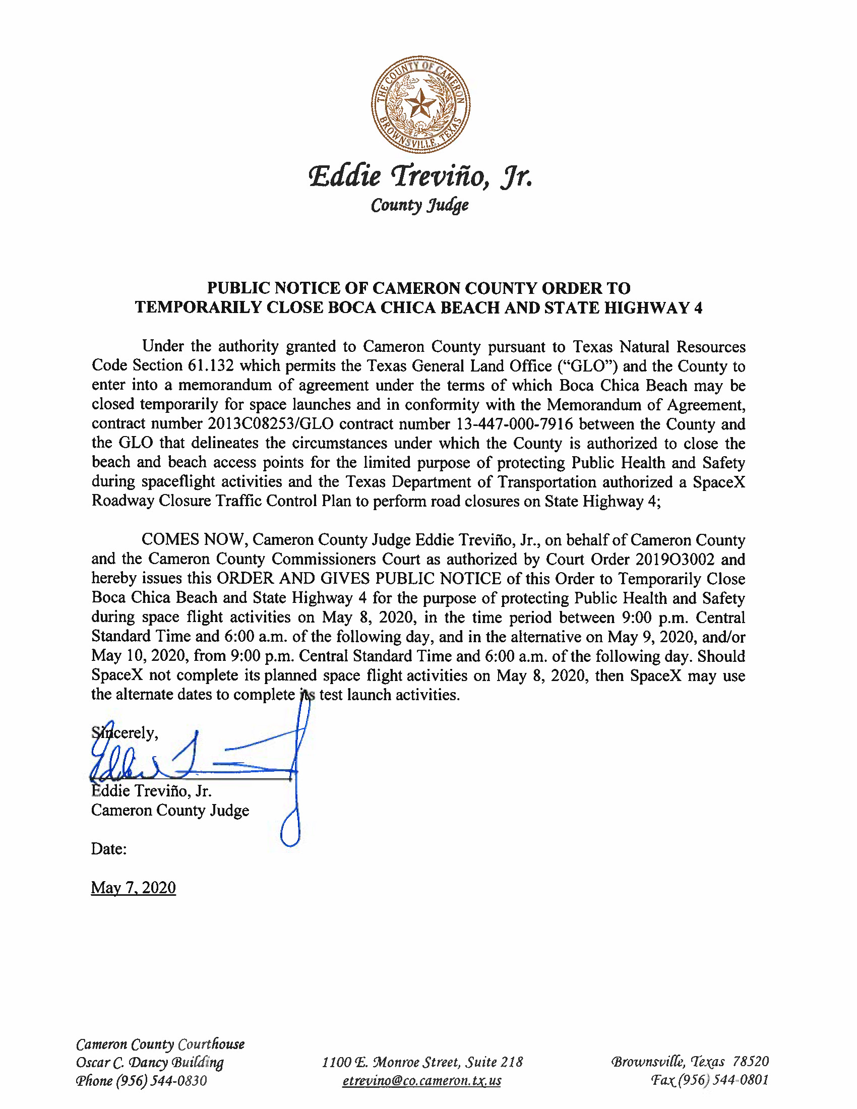 PUBLIC NOTICE OF CAMERON COUNTY ORDER TO TEMP. BEACH CLOSURE AND HWY. 05.08.20 Page 1