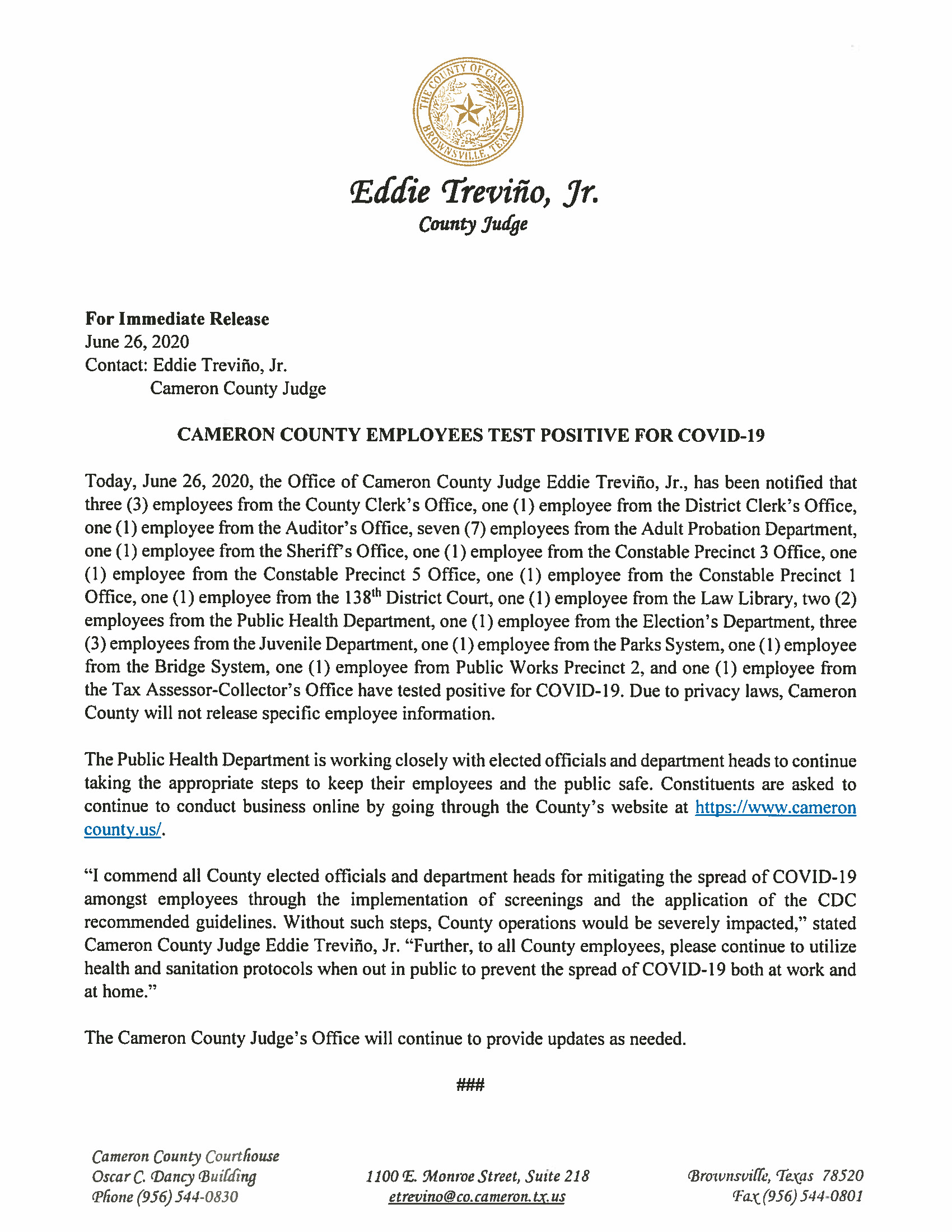 06.26.2020 Cameron County Employees Test Positive For COVID 19