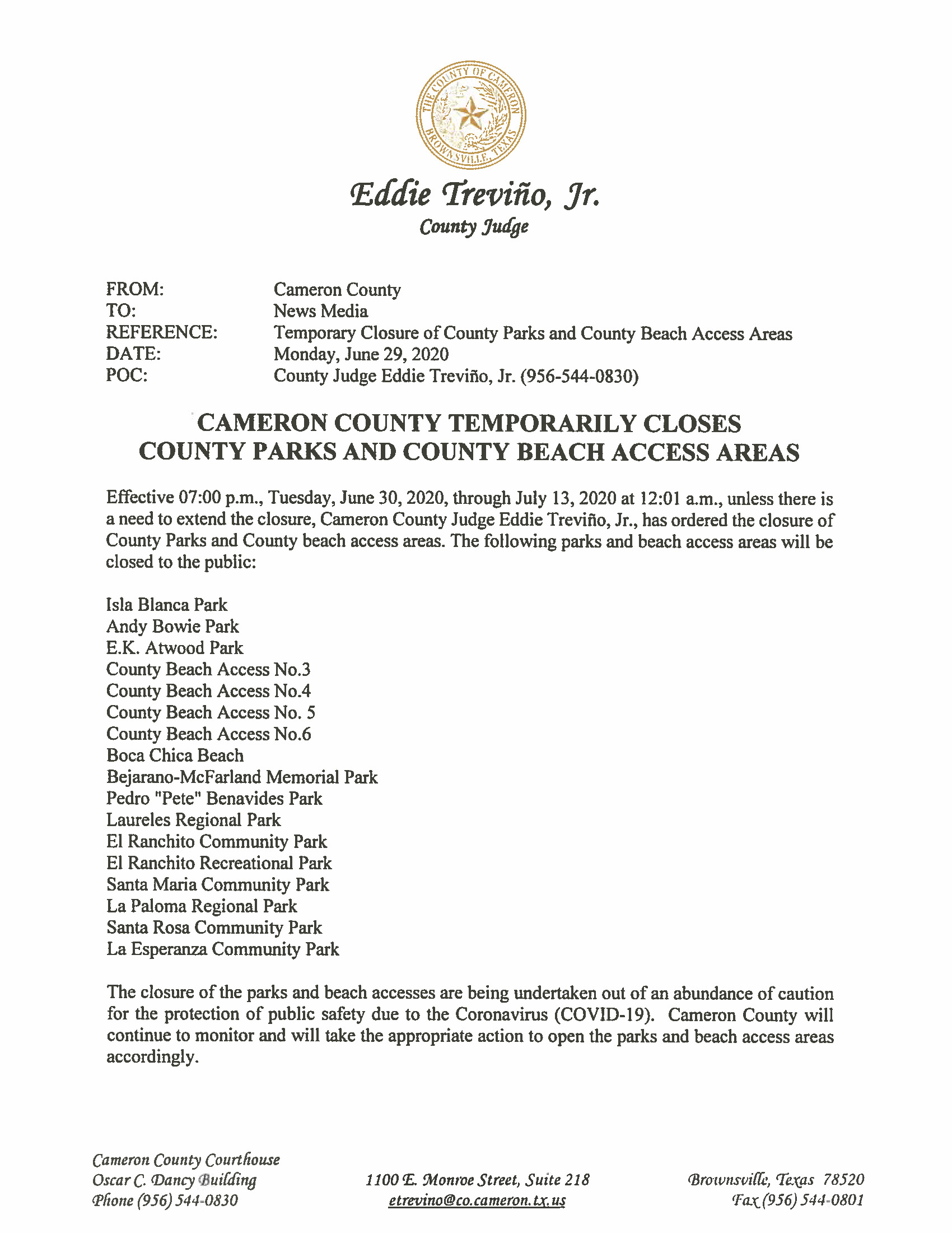 06.29.2020 Cameron County Temporarily Closes County Parks And County Beach Access Areas Page 1