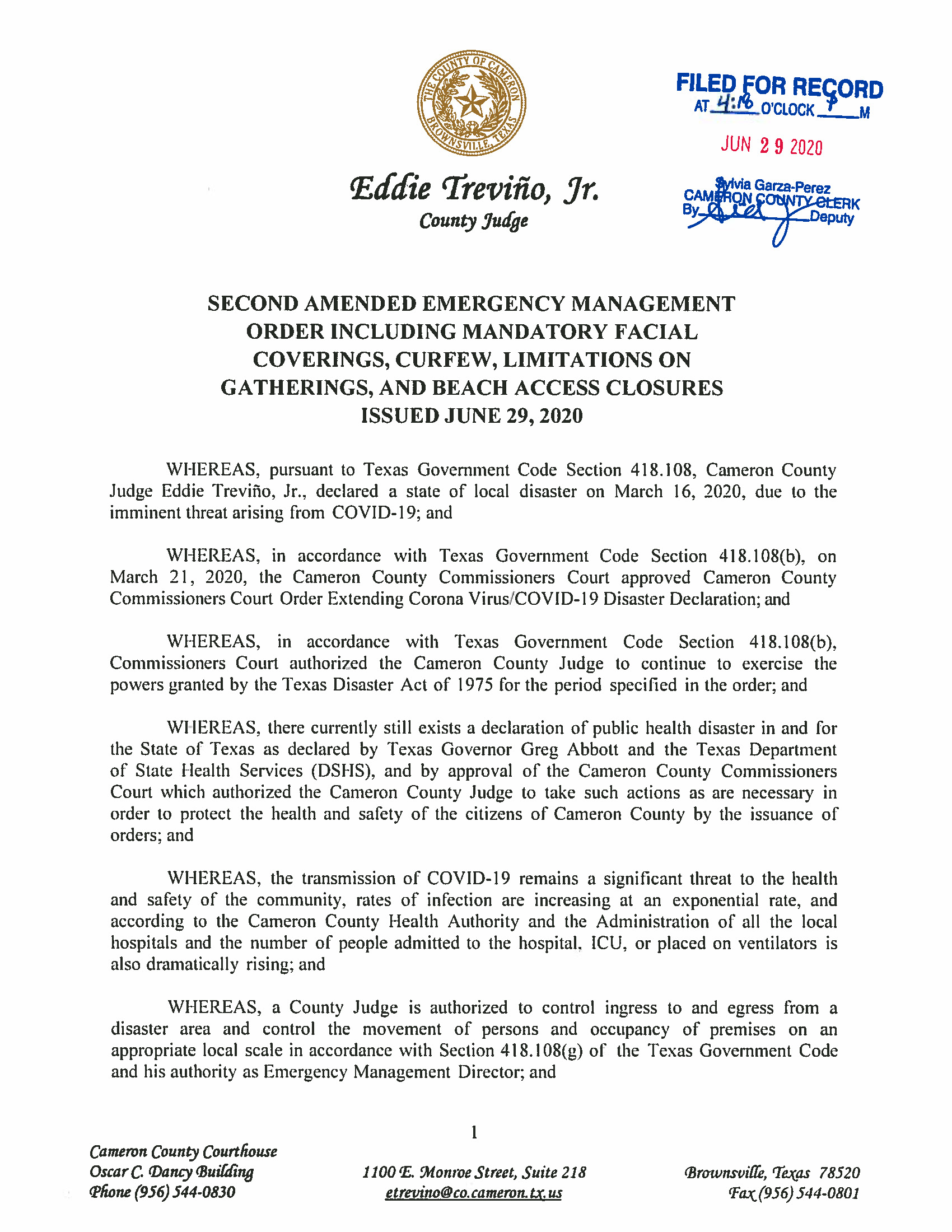 06.29.2020 ORDER Second Amended Emergency Management Order Including Mandatory Facial Coverings Curfew Limitations On Gatherings And Beach Access Closures Page 01
