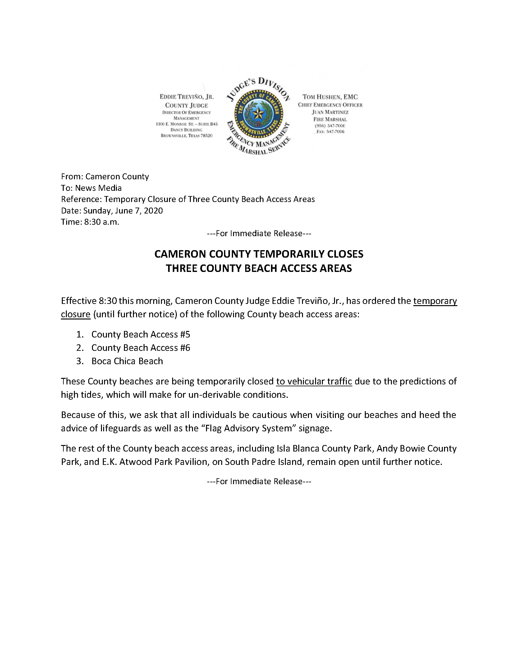 6.7.2020 Temporary Closure Of County Beaches