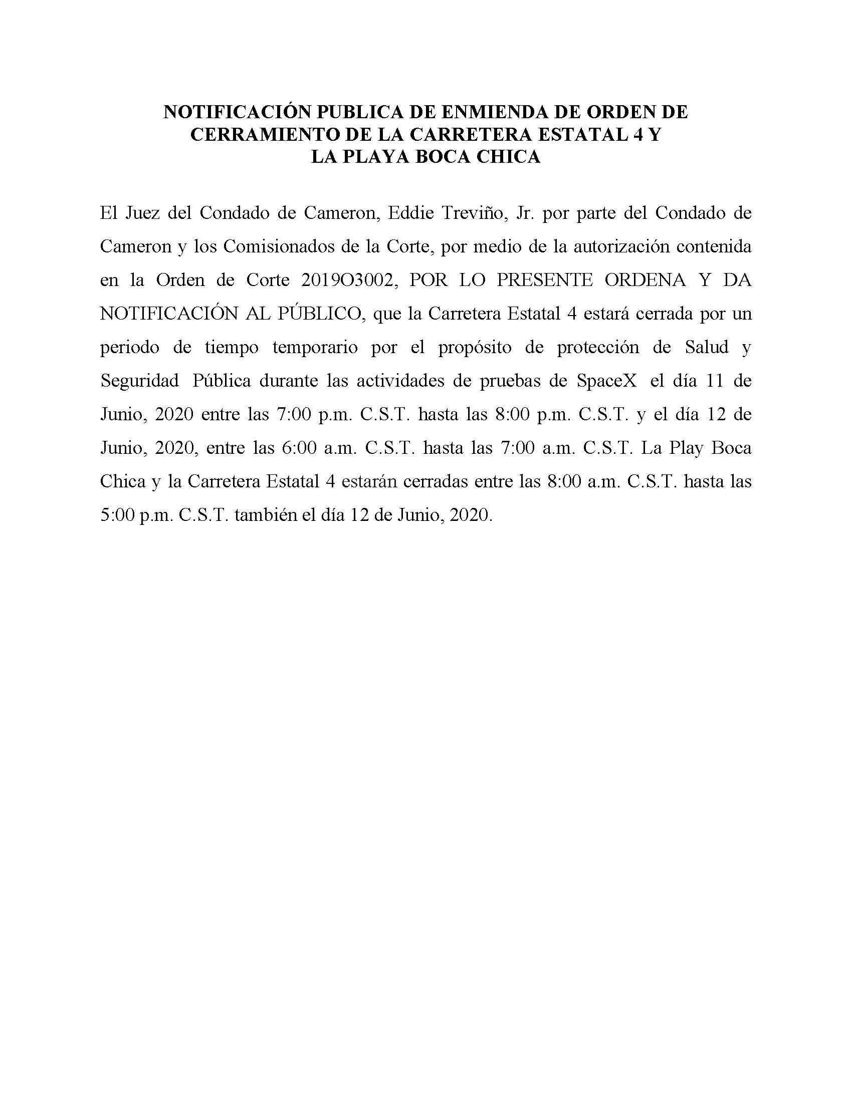 AMENDMENT TO ORDER.CLOSURE OF HIGHWAY 4 Y LA PLAYA BOCA CHICA.SPANISH.06.10.20
