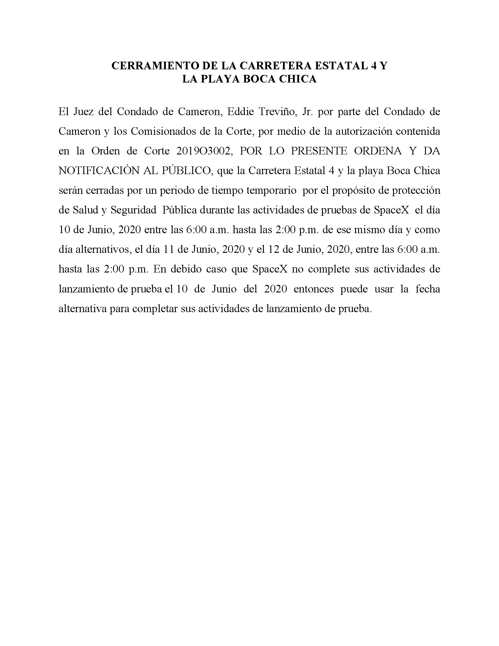 ORDER.CLOSURE OF HIGHWAY 4 Y LA PLAYA BOCA CHICA.SPANISH.06.10.20