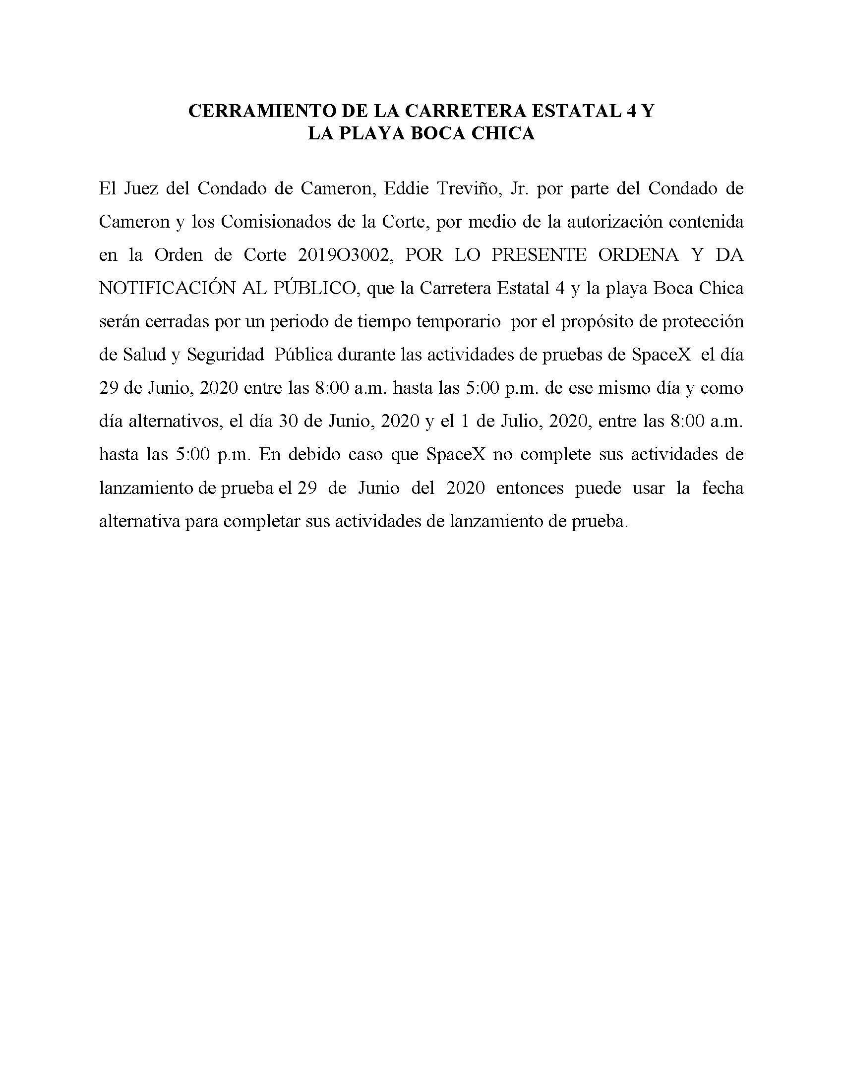 ORDER.CLOSURE OF HIGHWAY 4 Y LA PLAYA BOCA CHICA.SPANISH.06.29.20