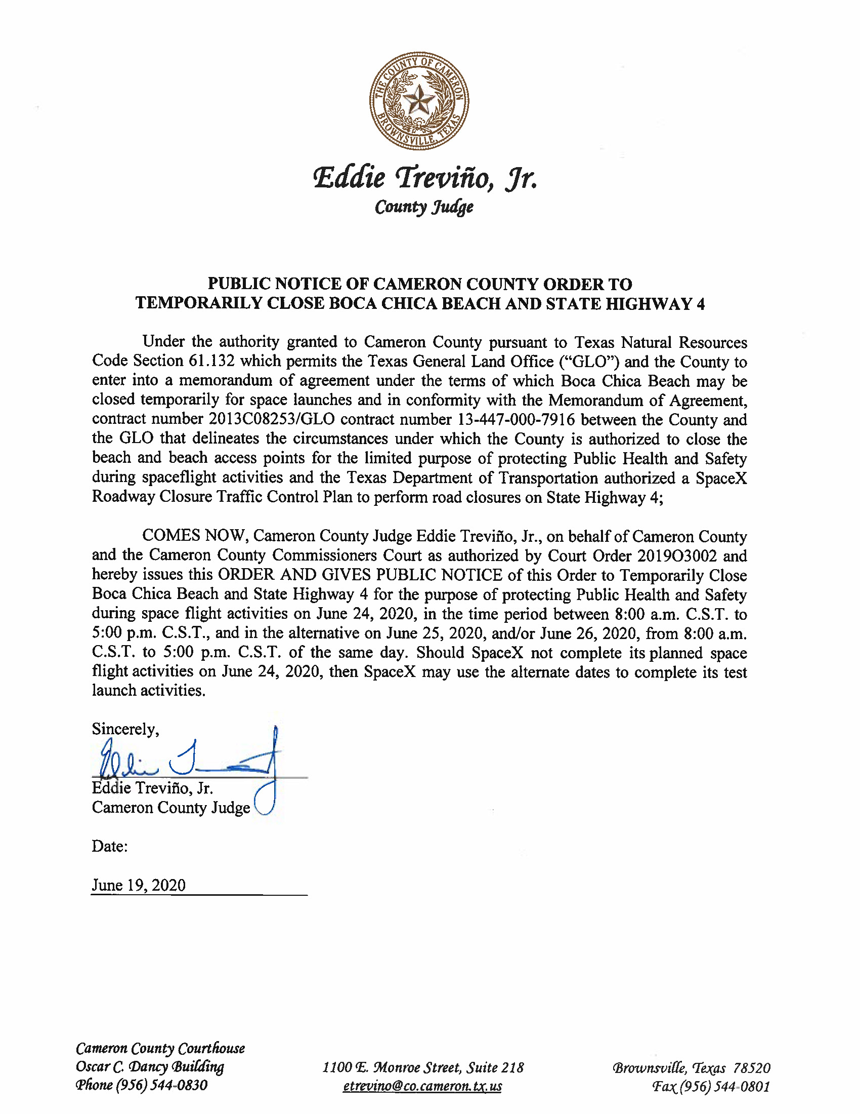 PUBLIC NOTICE OF CAMERON COUNTY ORDER TO TEMP. BEACH CLOSURE AND HWY.06.24.20 Page 1