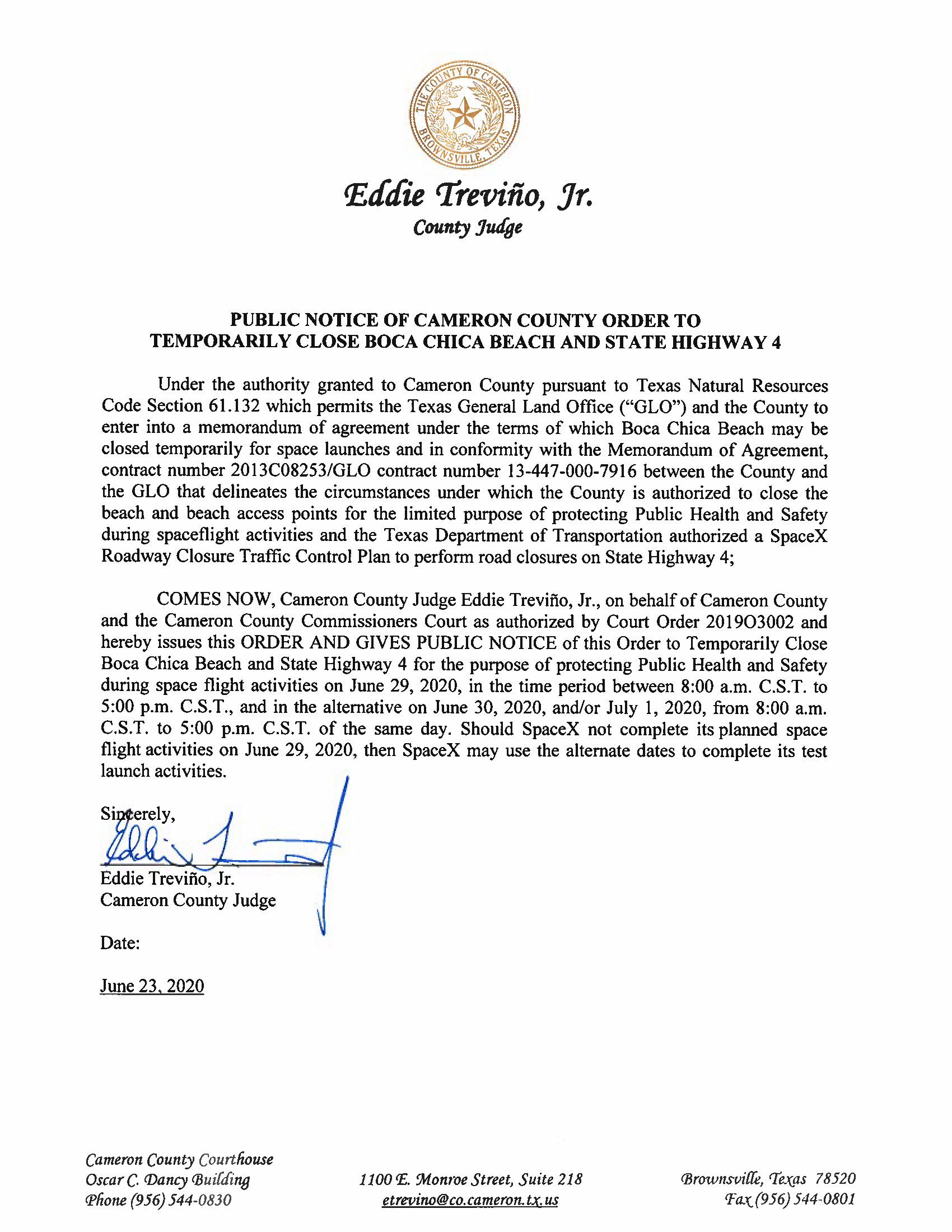 PUBLIC NOTICE OF CAMERON COUNTY ORDER TO TEMP. BEACH CLOSURE AND HWY.06.29.20 Page 1