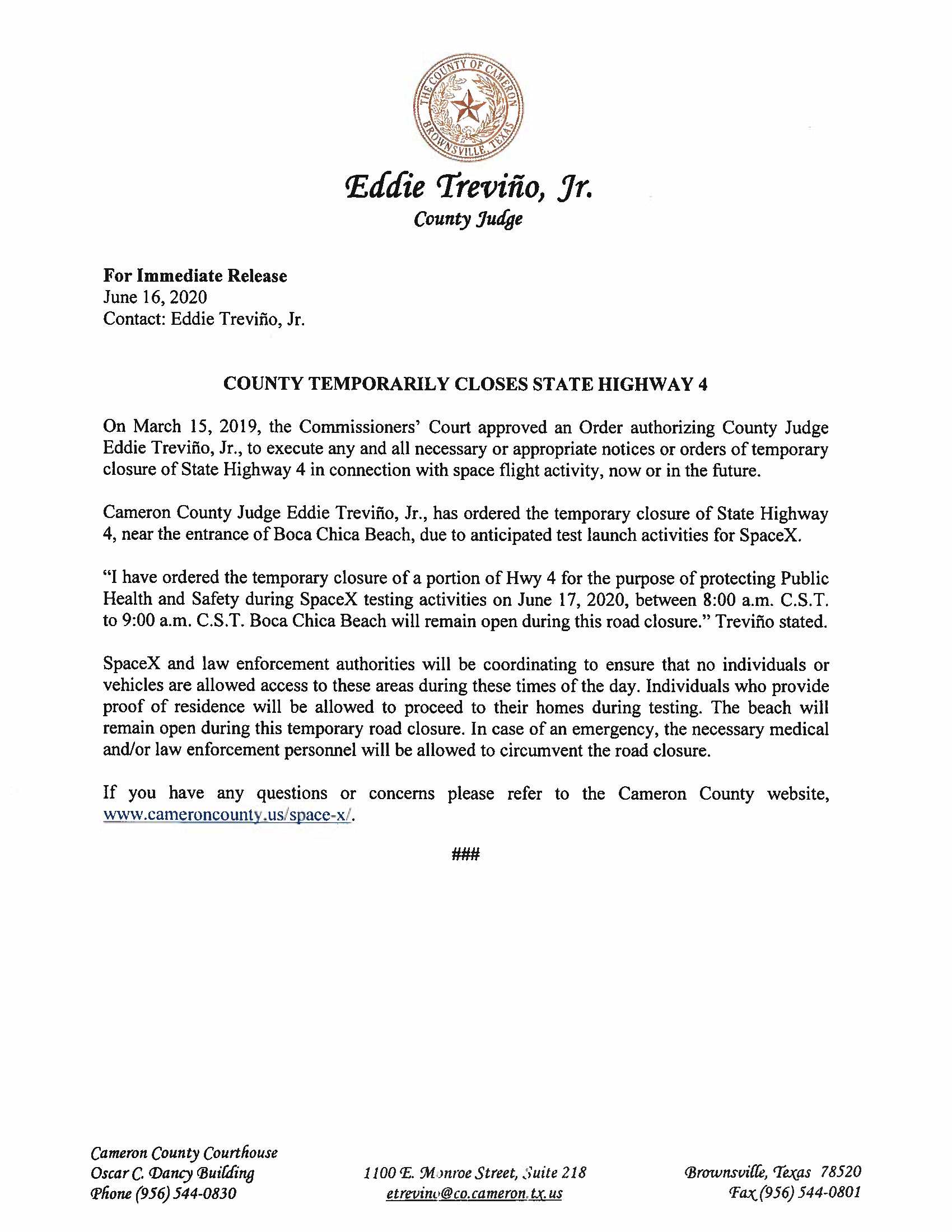 Press Release On Order Of Closure Related To SpaceX Flight.ROAD CLOSURE English Spanish. 06.17.20.doc Page 1