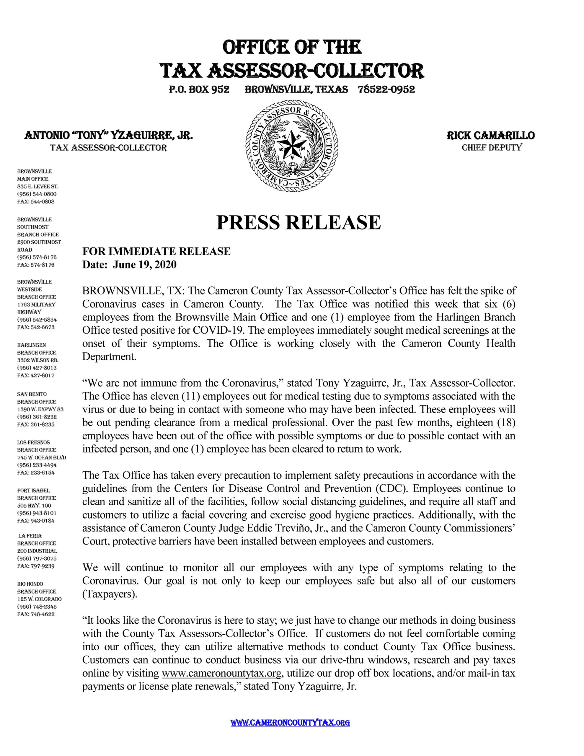 Tax Assessor Collectors Office COVIDPRESS RELEASE 2 Scaled