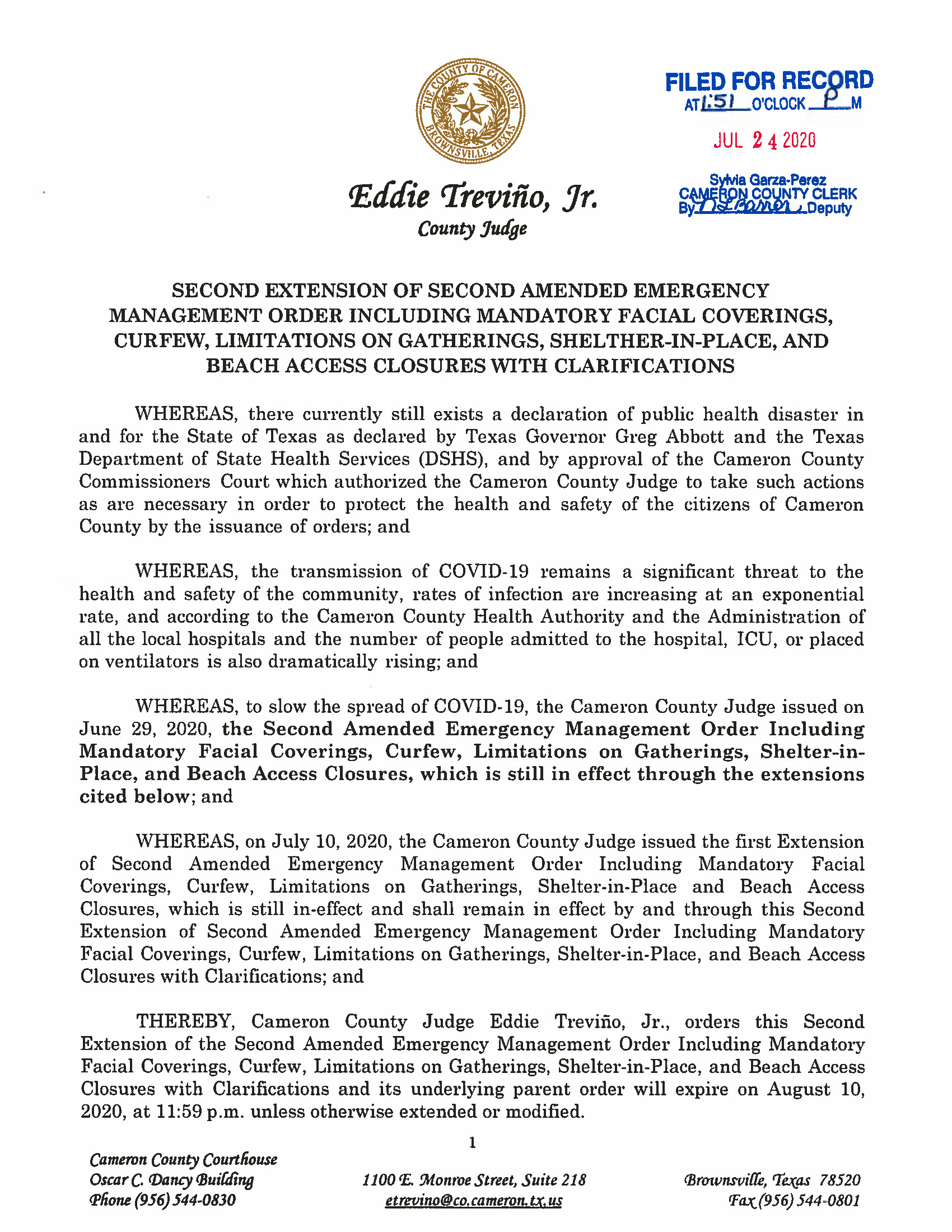 07.24.2020 ORDER Second Extension Of Second Amended Emergency Management Order Page 1