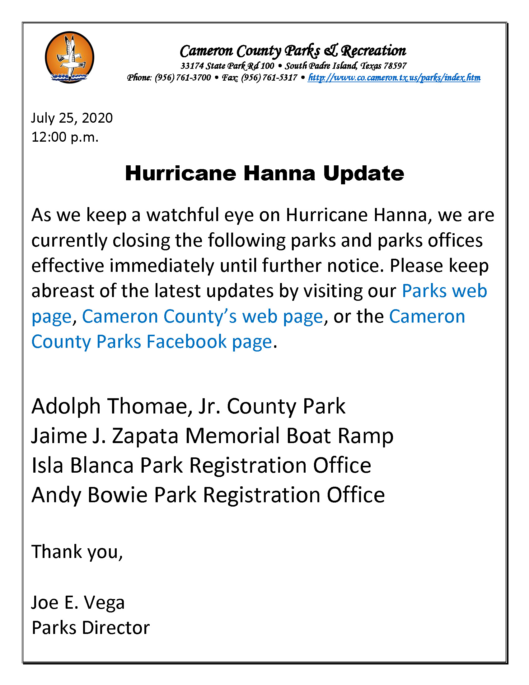 ADVISORY On Closing Parks And Parks Office Hurricane Hanna 7 25 20