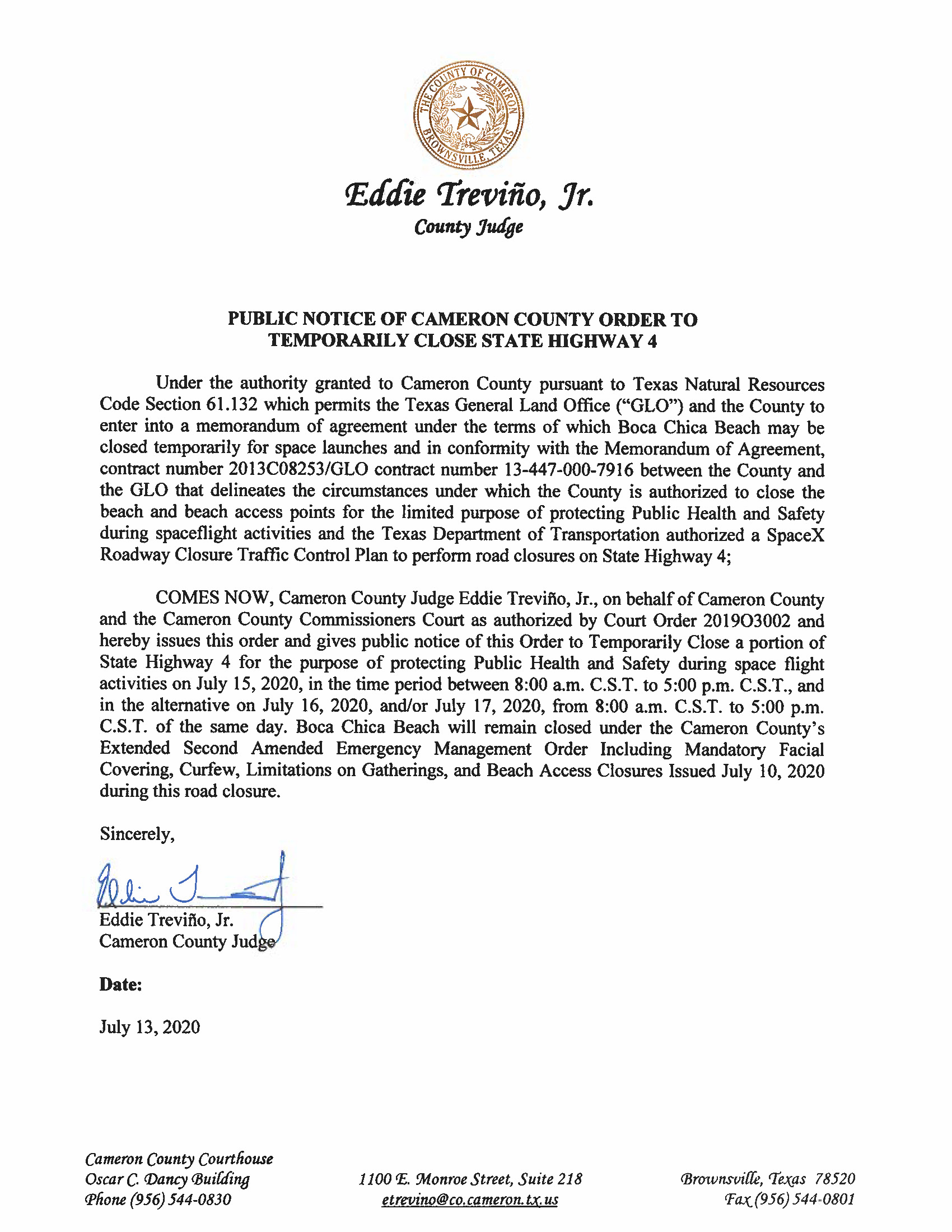 PUBLIC NOTICE OF CAMERON COUNTY ORDER TO TEMP. ROAD CLOSURE. 07.15.20.docx Page 1