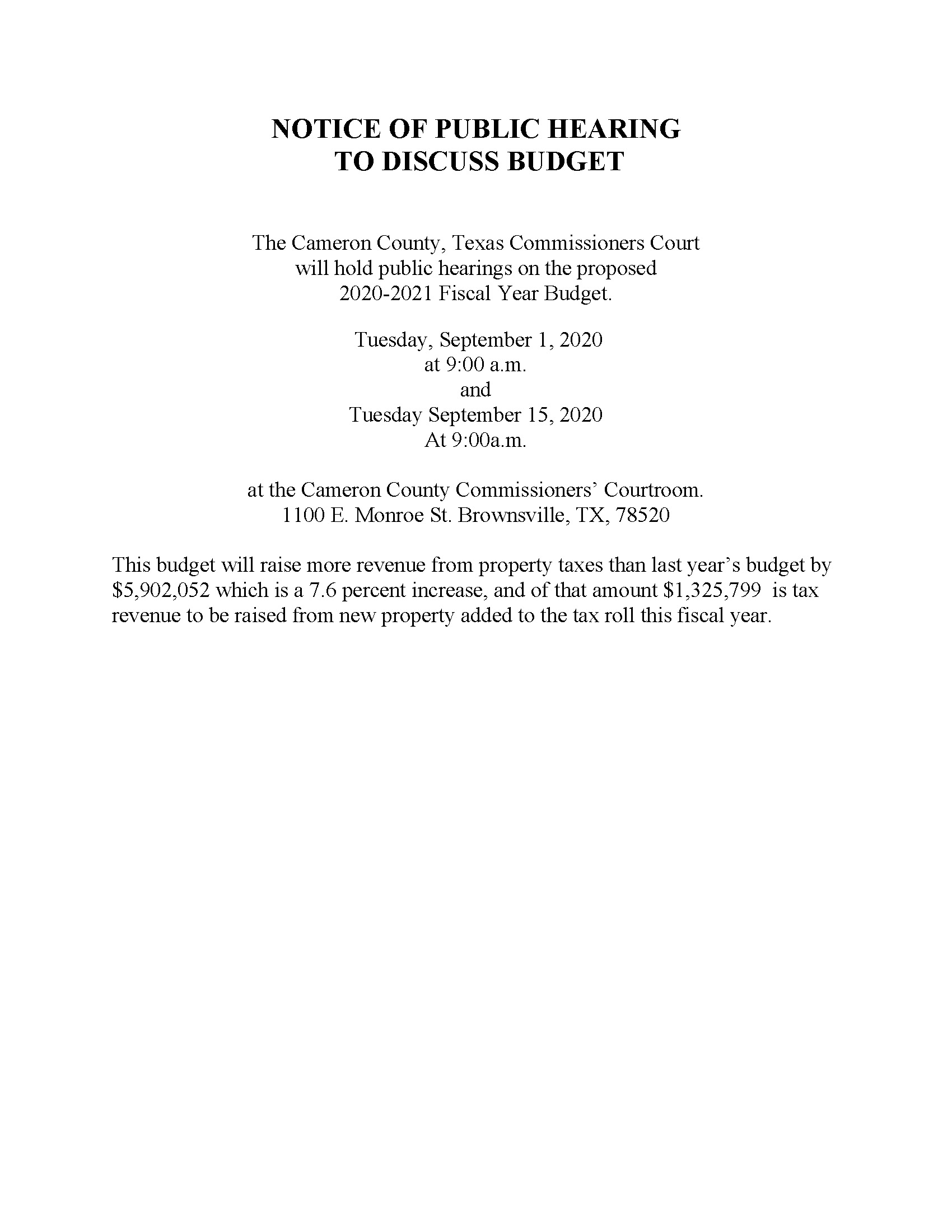 NOTICE OF PUBLIC HEARING BUDGET 2020