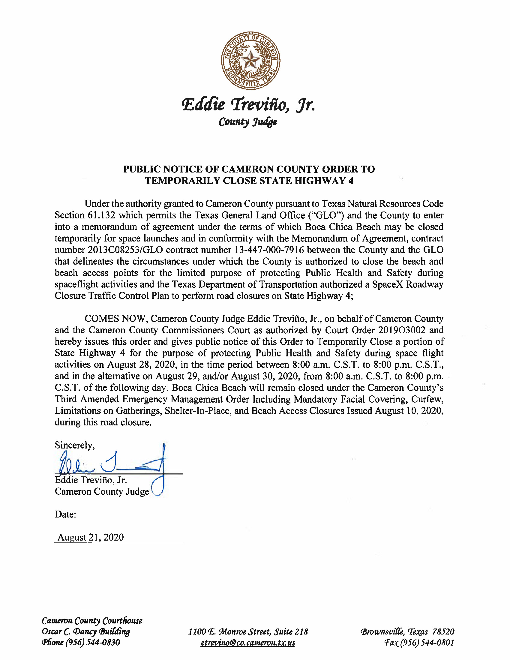 PUBLIC NOTICE OF CAMERON COUNTY ORDER TO TEMP. ROAD CLOSURE. 08.28.20.docx Page 1