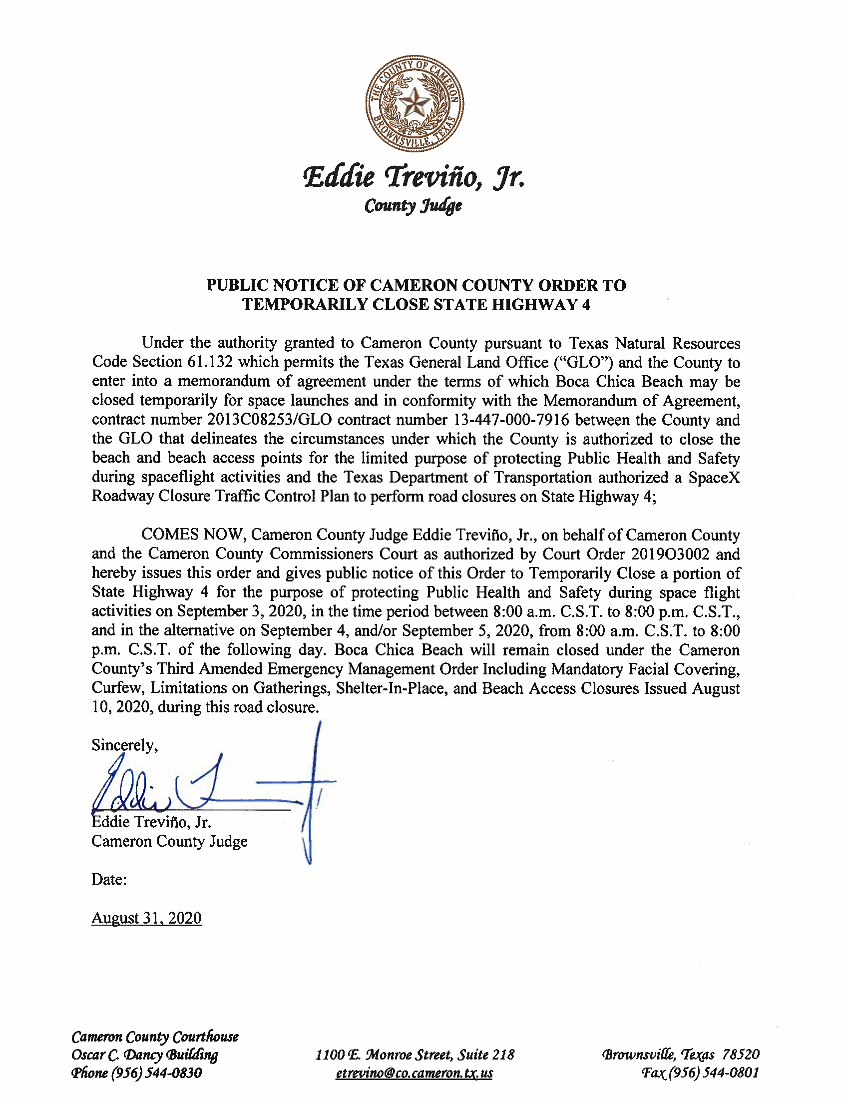 PUBLIC NOTICE OF CAMERON COUNTY ORDER TO TEMP. ROAD CLOSURE. 09.03.20.docx Page 1