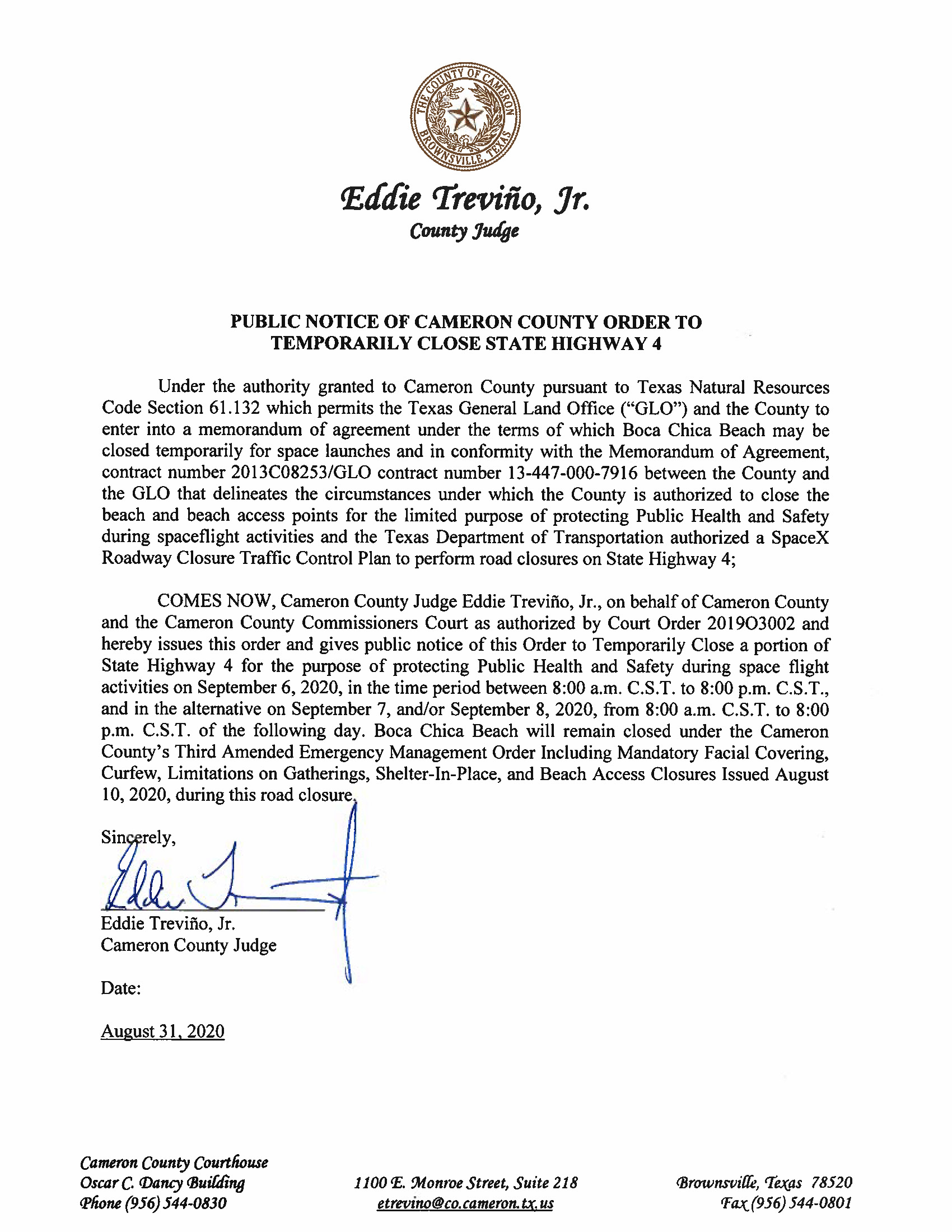 PUBLIC NOTICE OF CAMERON COUNTY ORDER TO TEMP. ROAD CLOSURE. 09.06.20.docx Page 1