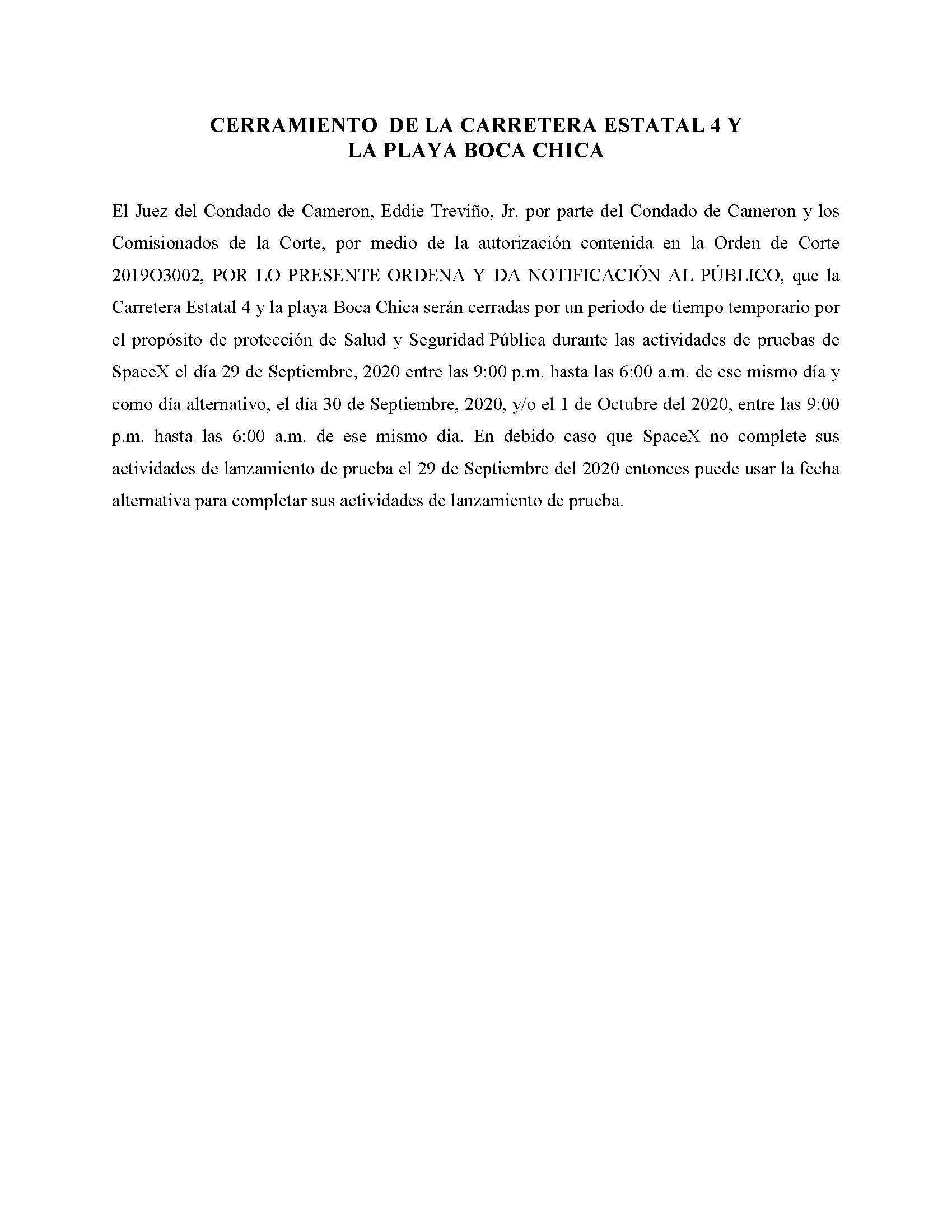 ORDER.CLOSURE OF HIGHWAY 4 Y LA PLAYA BOCA CHICA.SPANISH.09.29.20