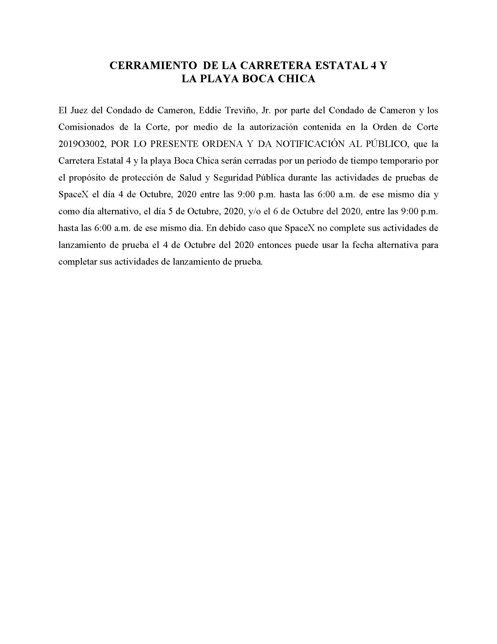 ORDER.CLOSURE OF HIGHWAY 4 Y LA PLAYA BOCA CHICA.SPANISH.10.04.20