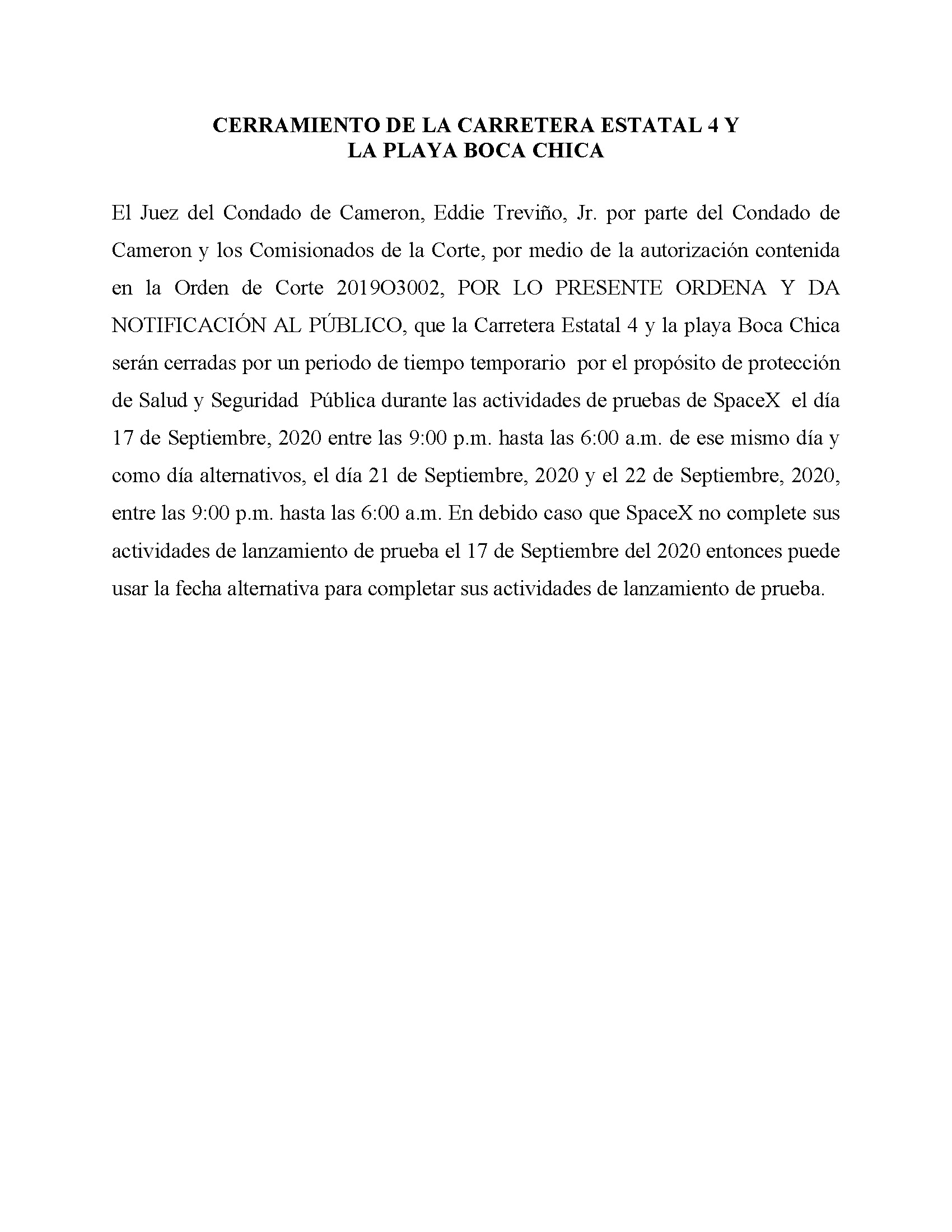 ORDER.CLOSURE OF HIGHWAY 4 Y LA PLAYA BOCA CHICA.SPANISH.9.17.20