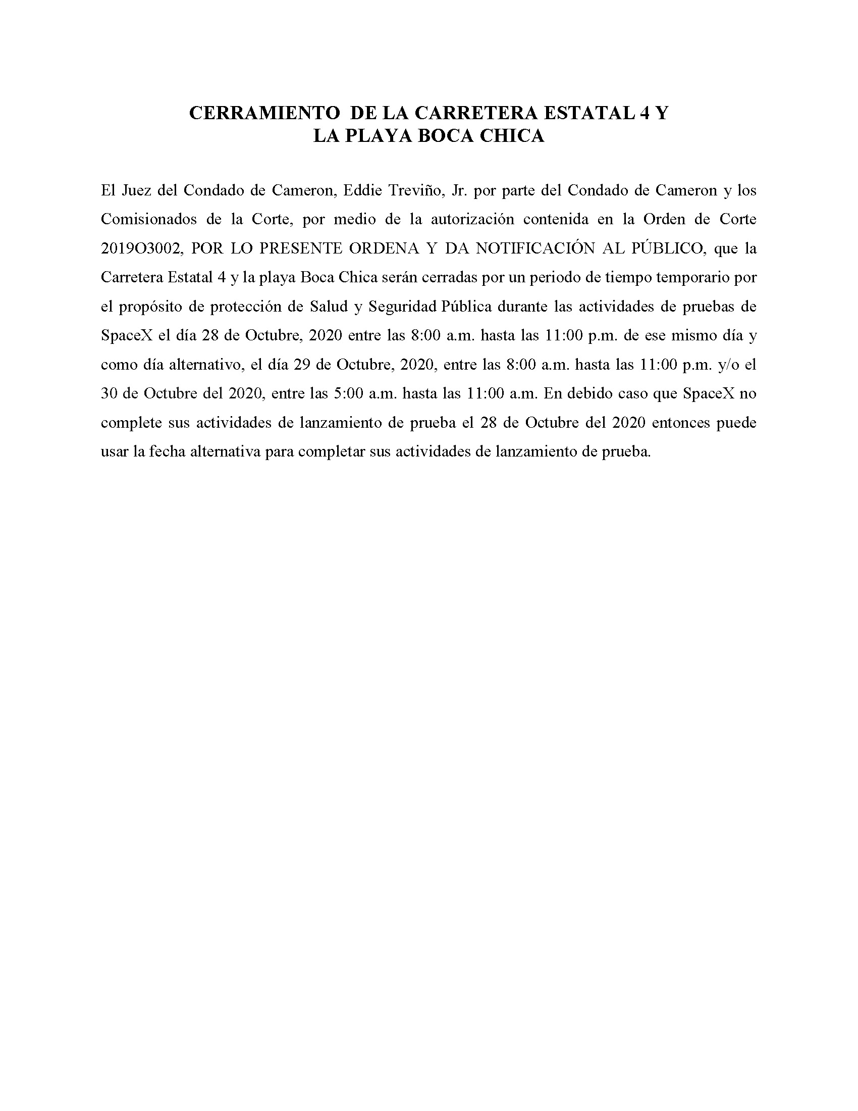 ORDER.CLOSURE OF HIGHWAY 4 Y LA PLAYA BOCA CHICA.SPANISH.10.28.20