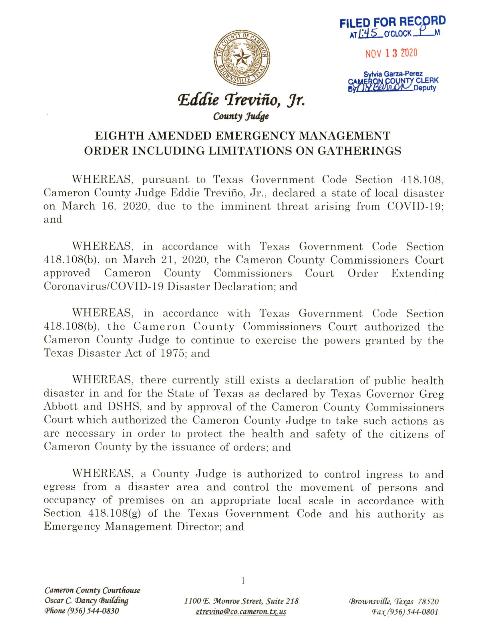 2020.11.13 Eight Amended Emergency Management Order Including Limitations On Gatherings 004 Page 1