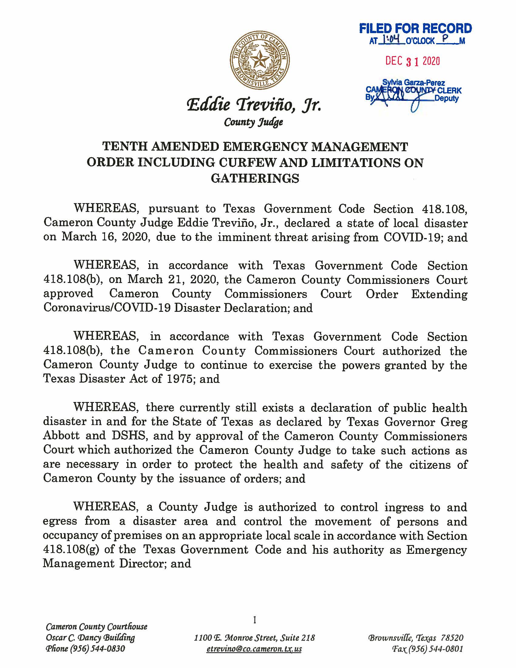 12.31.2020 ORDER Tenth Amended Emergency Management Order Including Curfew And Limitations On Gatherings Page 01
