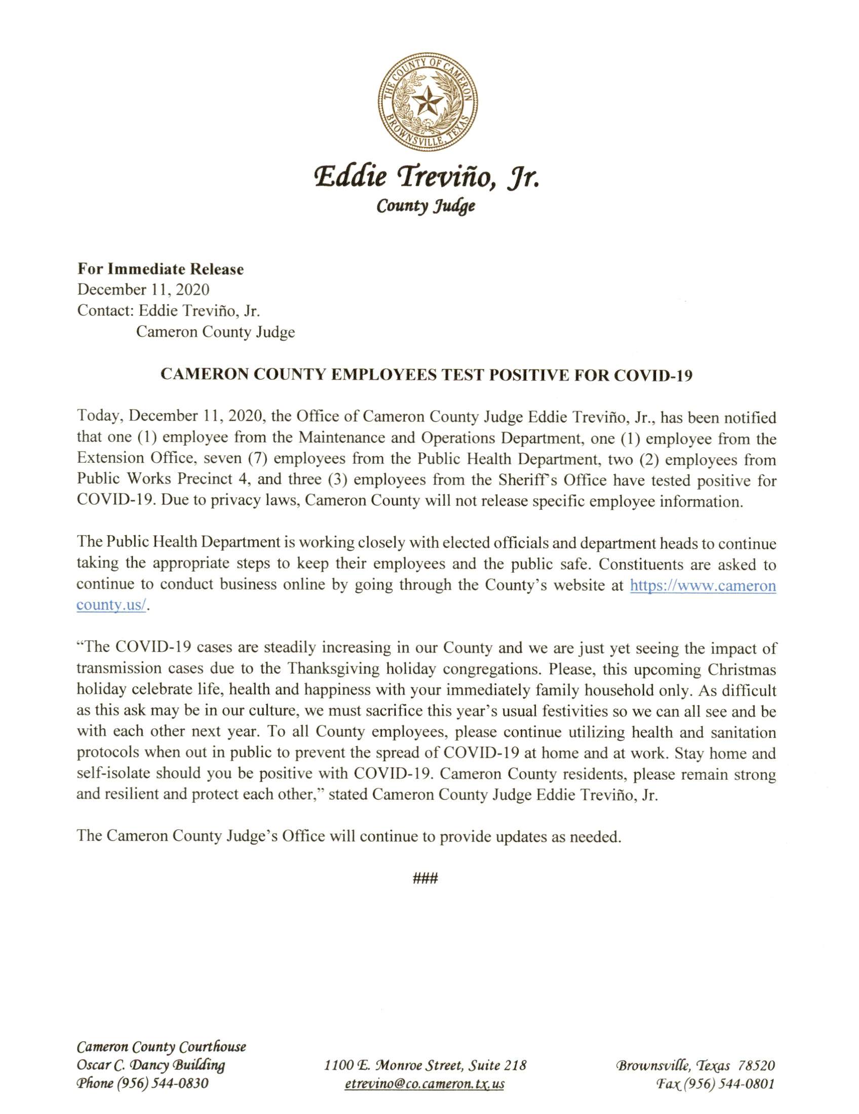 2020.12.11 Press Release Cameron County Employees Test Positive For COVID 19