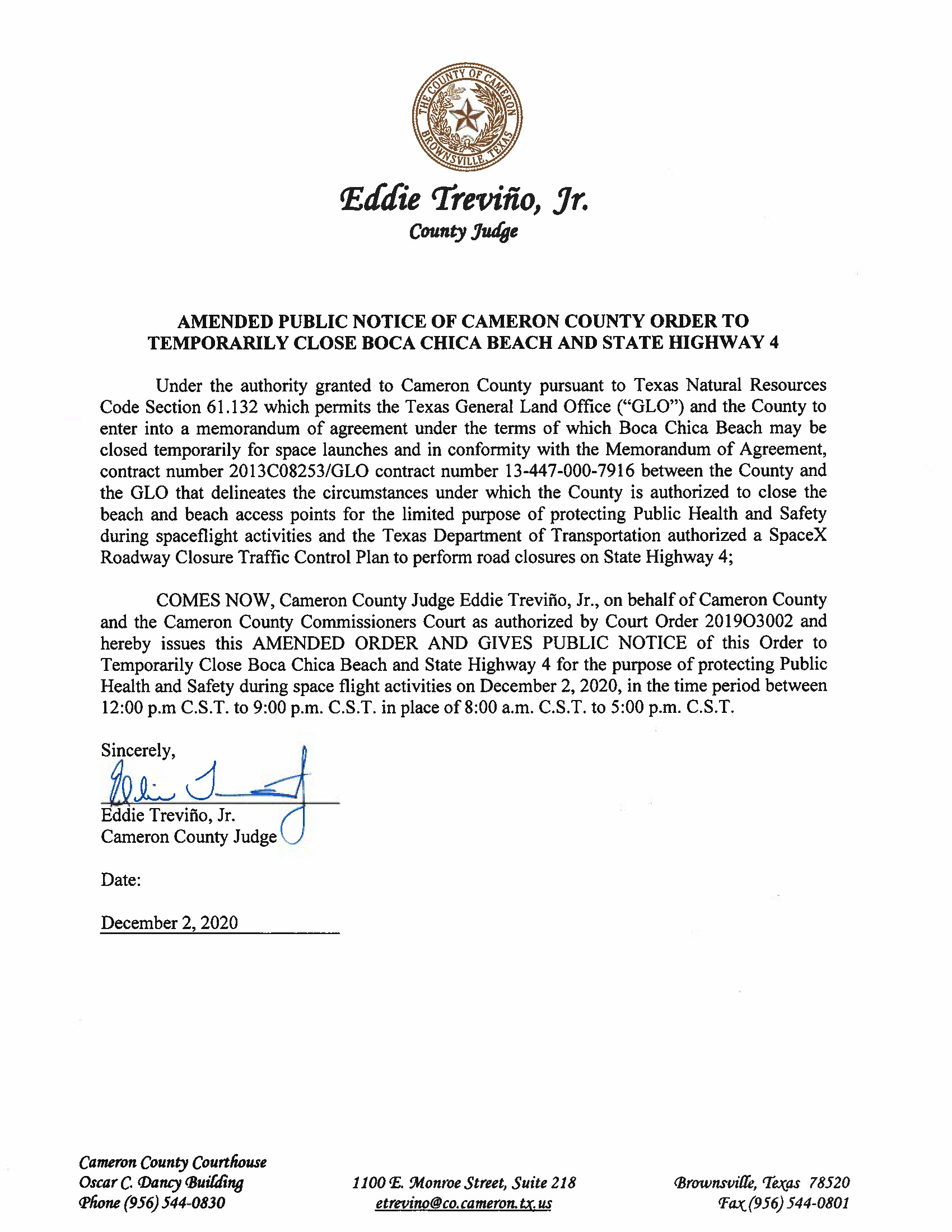 AMENDMENT PUBLIC NOTICE OF CAMERON COUNTY ORDER TO TEMP. BEACH CLOSURE AND HWY.12.02.20