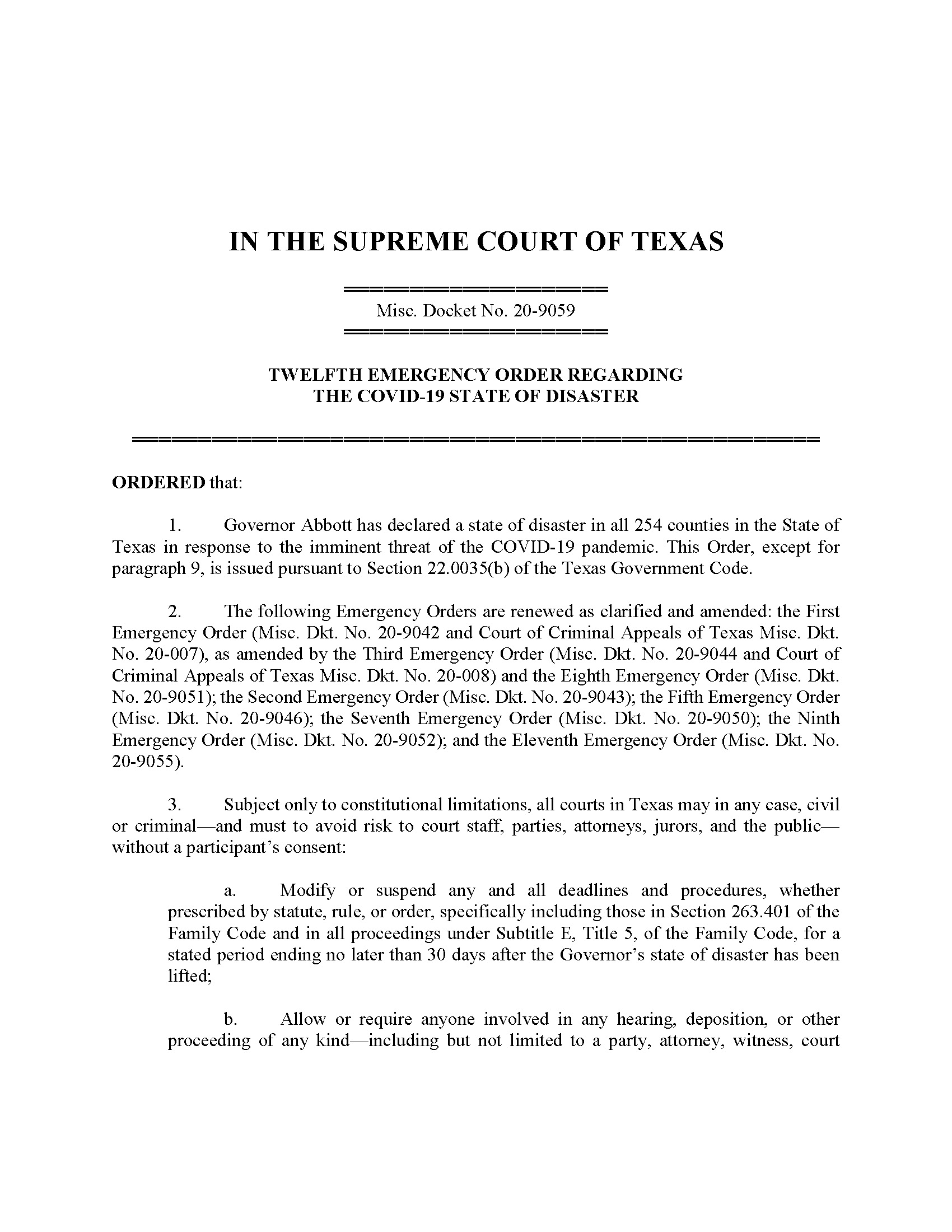Supreme Court Of Texas Twelfth Emergency Order Page 1