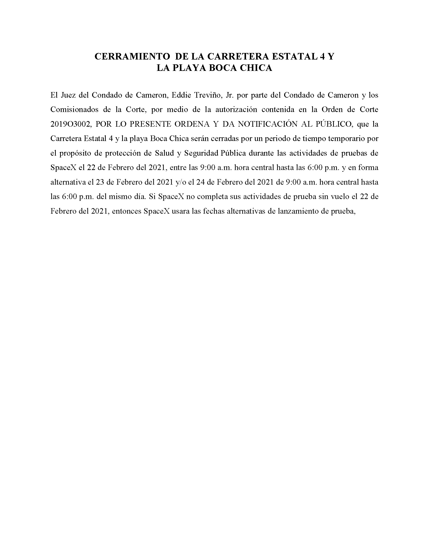 ORDER.CLOSURE OF HIGHWAY 4 Y LA PLAYA BOCA CHICA.SPANISH.02.22.2021