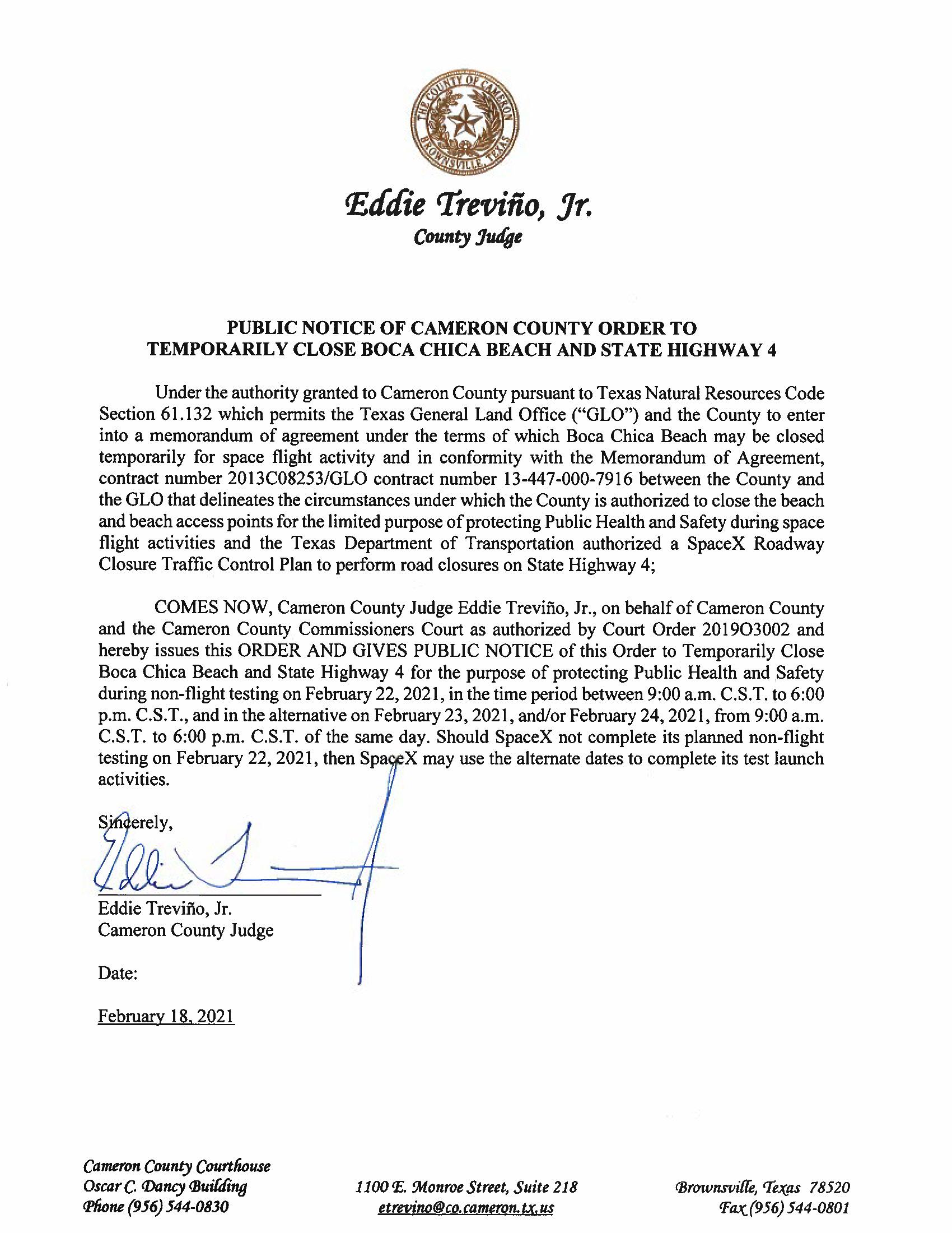 PUBLIC NOTICE OF CAMERON COUNTY ORDER TO TEMP. CLOSE BOCA CHICA BEACH AND ST. HWY 4.02.22.2021