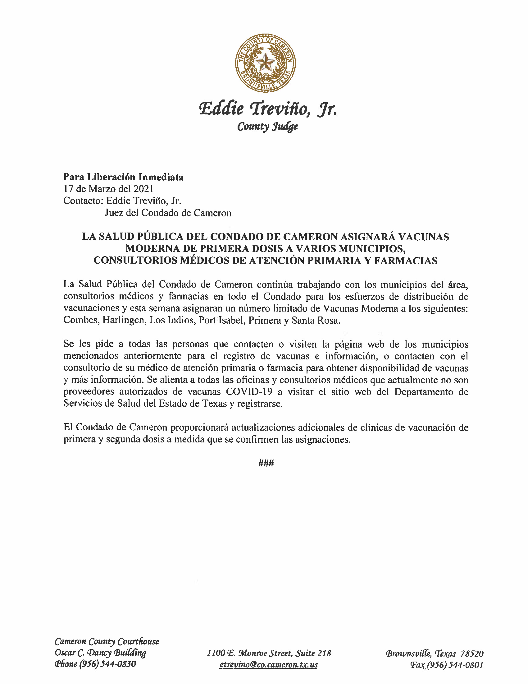 3.17.21 CCPH Asignara Vacunas Moderna A Municipios Consultorios Medicos Y Farmacias