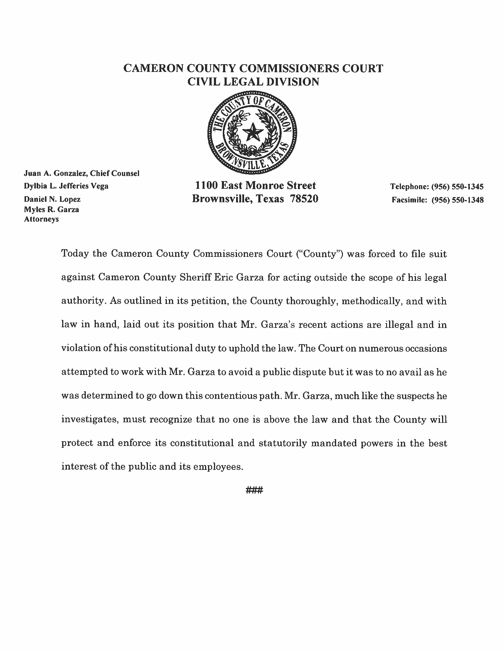 4.14.21 Cameron County Commissioners Court Civil Legal Division Statement