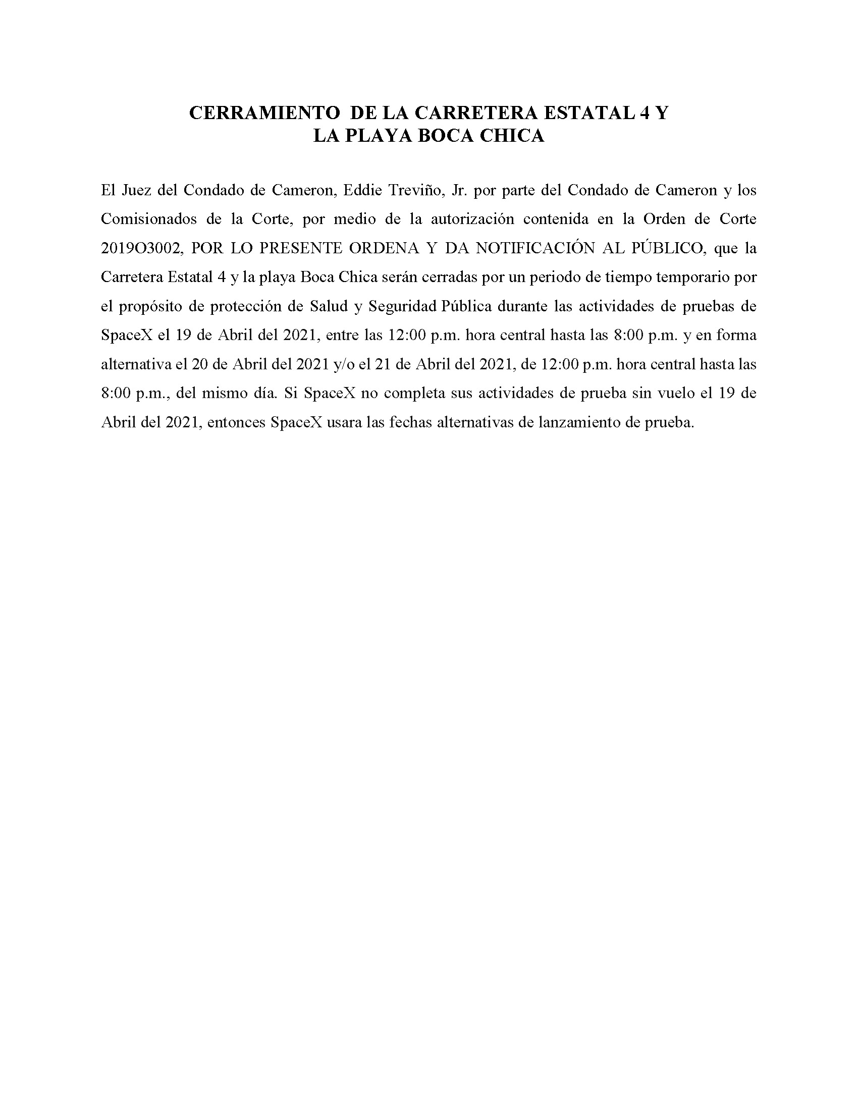 ORDER.CLOSURE OF HIGHWAY 4 Y LA PLAYA BOCA CHICA.SPANISH.04.19.2021