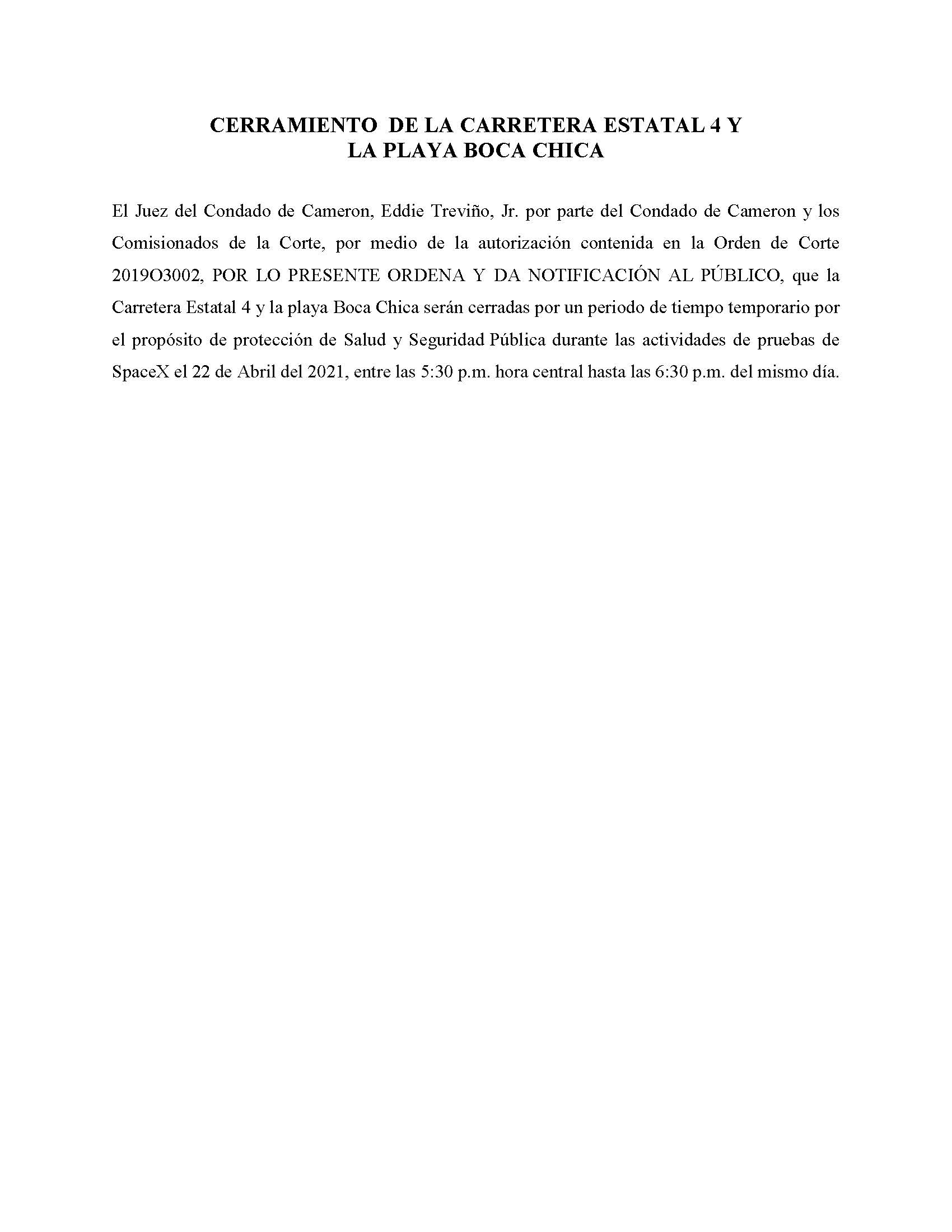 ORDER.CLOSURE OF HIGHWAY 4 Y LA PLAYA BOCA CHICA.SPANISH.04.22.2021